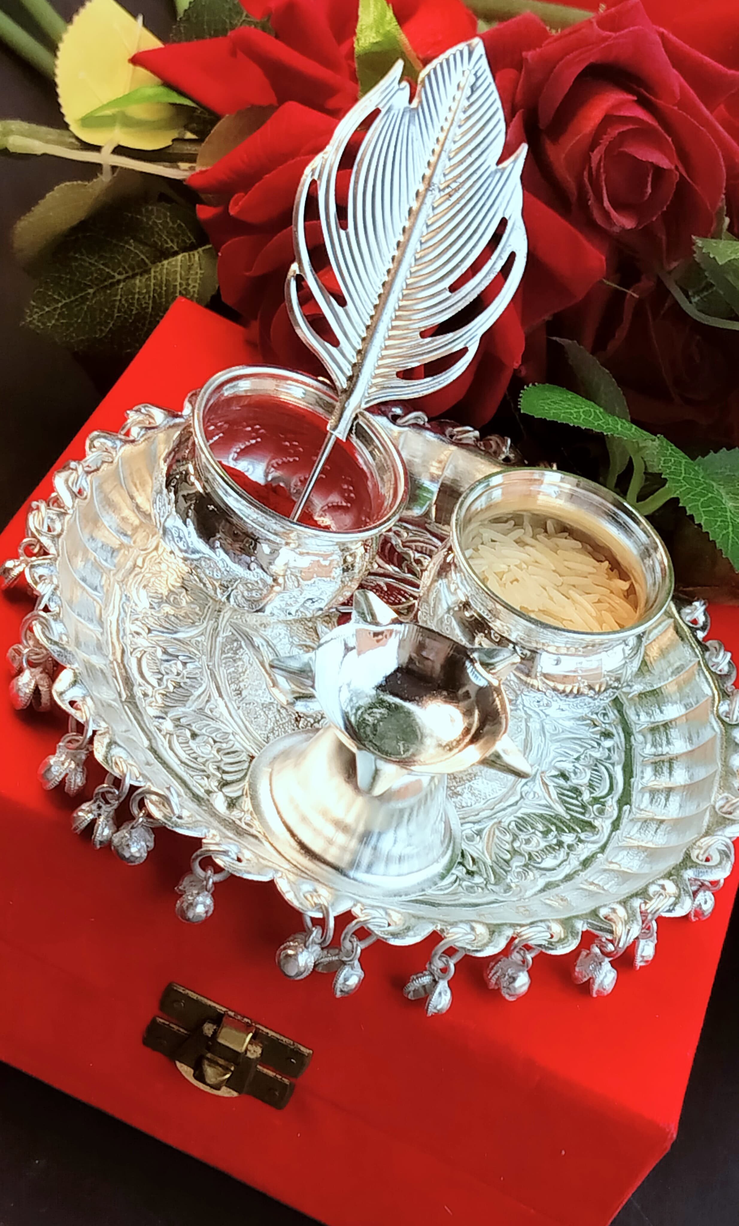 German Silver ghungru Pooja Set with Tilak Stick & Velvet Box Pack