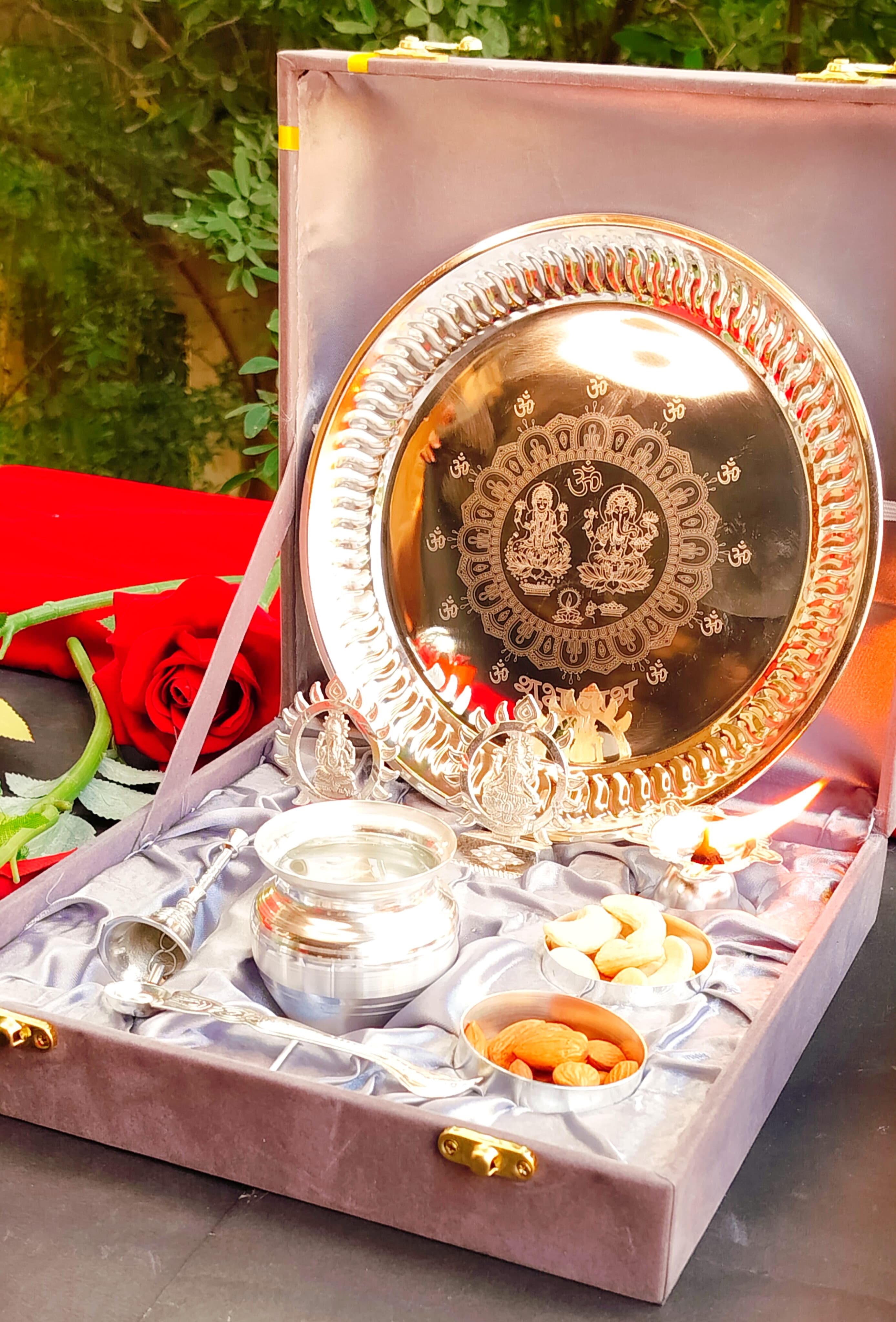 German Silver Pooja thali Set Engraved Diwali Pooja thali Combo Set