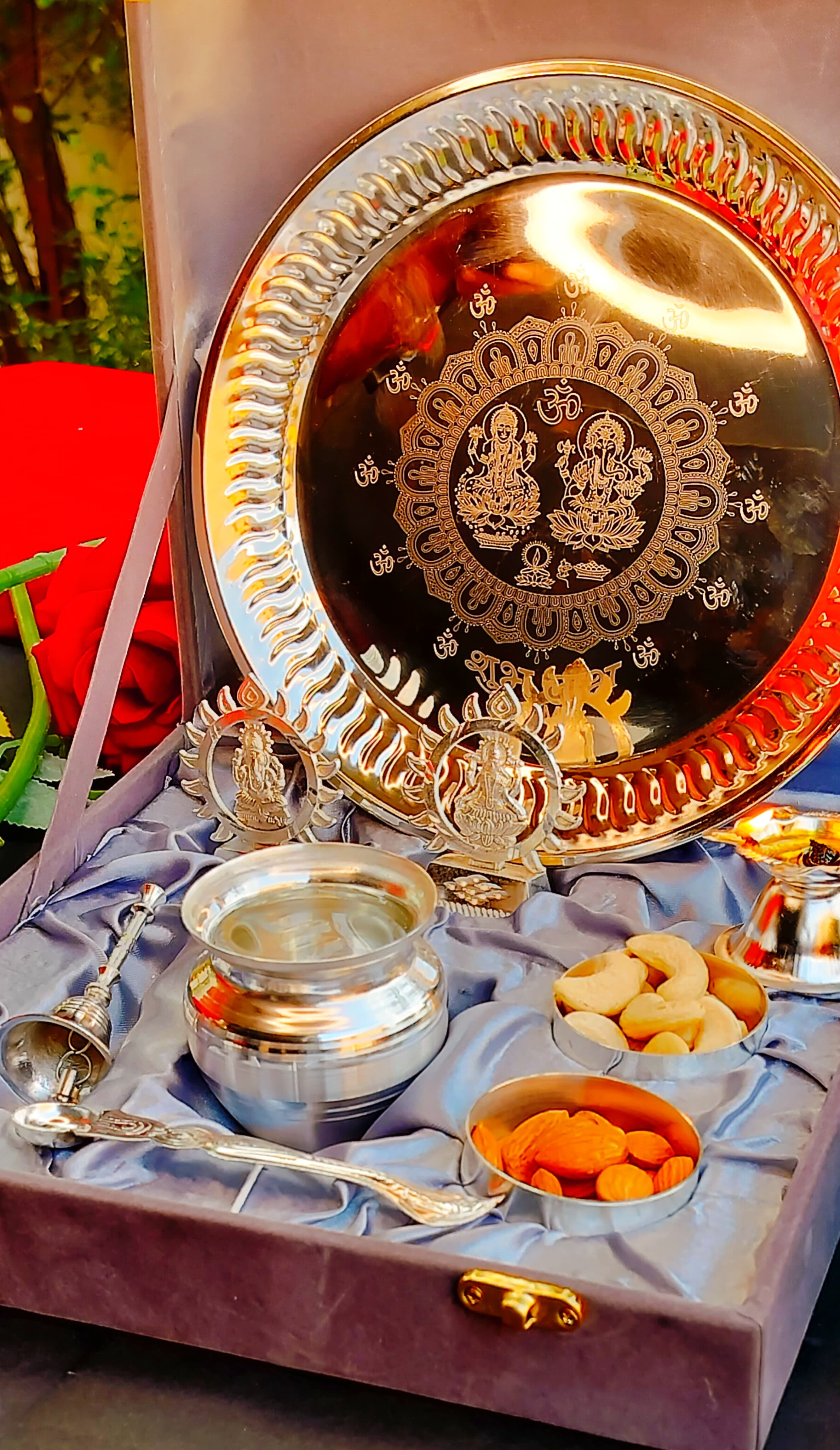German Silver Pooja thali Set Engraved Diwali Pooja thali Combo Set