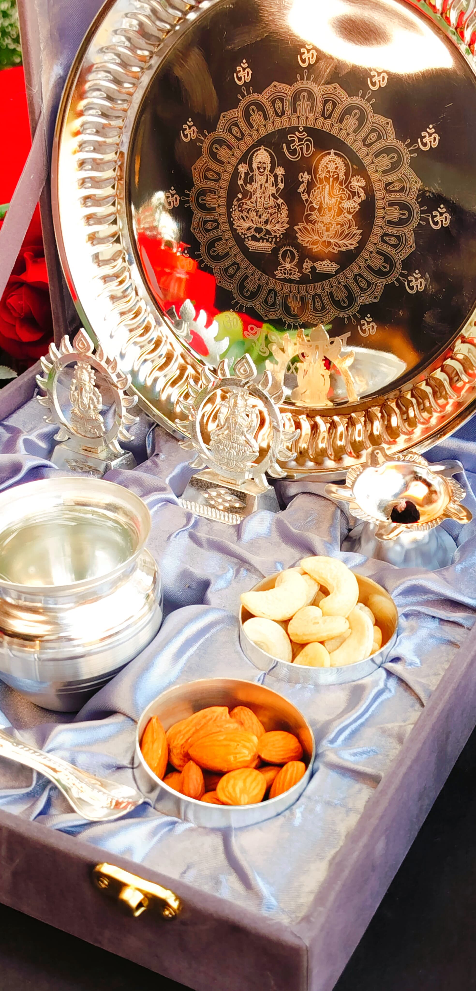 German Silver Pooja thali Set Engraved Diwali Pooja thali Combo Set