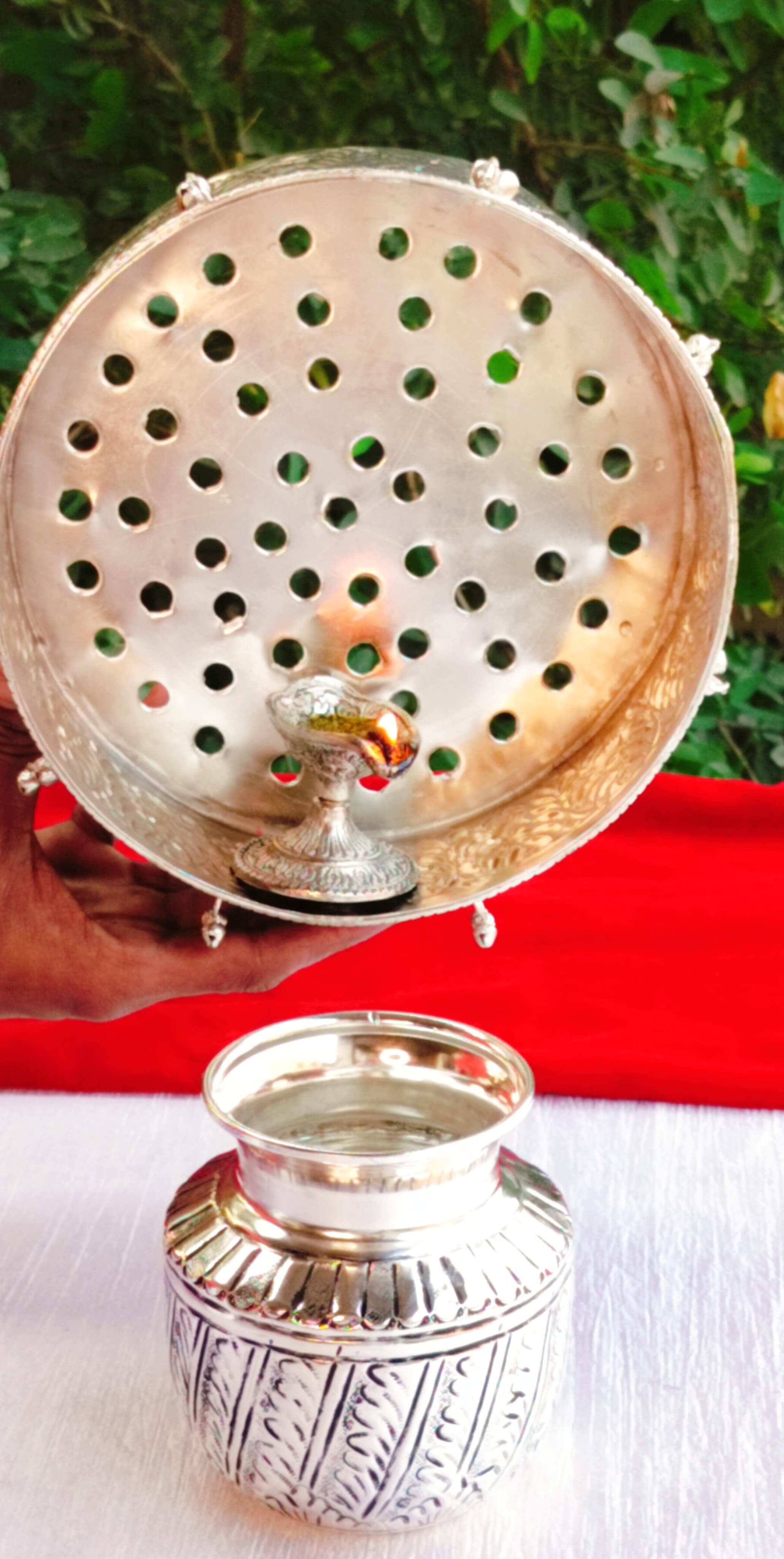 German Silver karwachauth Combo Set - chalni, Kalash, lota for karwachauth thali Set