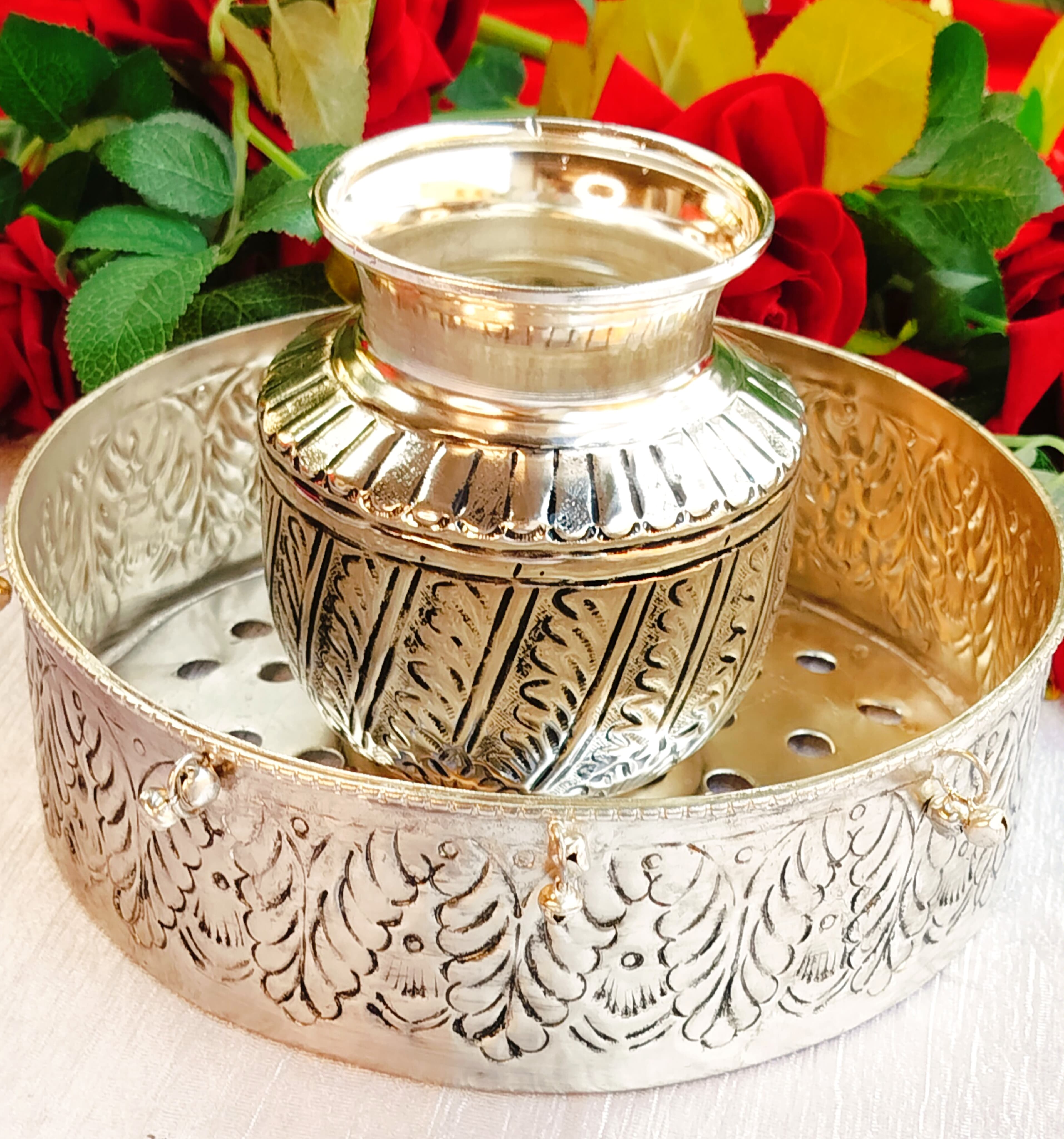German Silver karwachauth Combo Set - chalni, Kalash, lota for karwachauth thali Set