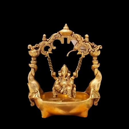 Brass Ganesh on a jhula/Swing urli with Elephants for Temple/Home décor/Gift Item