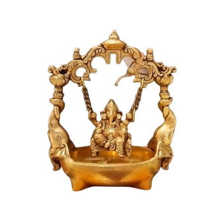 Brass Ganesh on a jhula/Swing urli with Elephants for Temple/Home décor/Gift Item