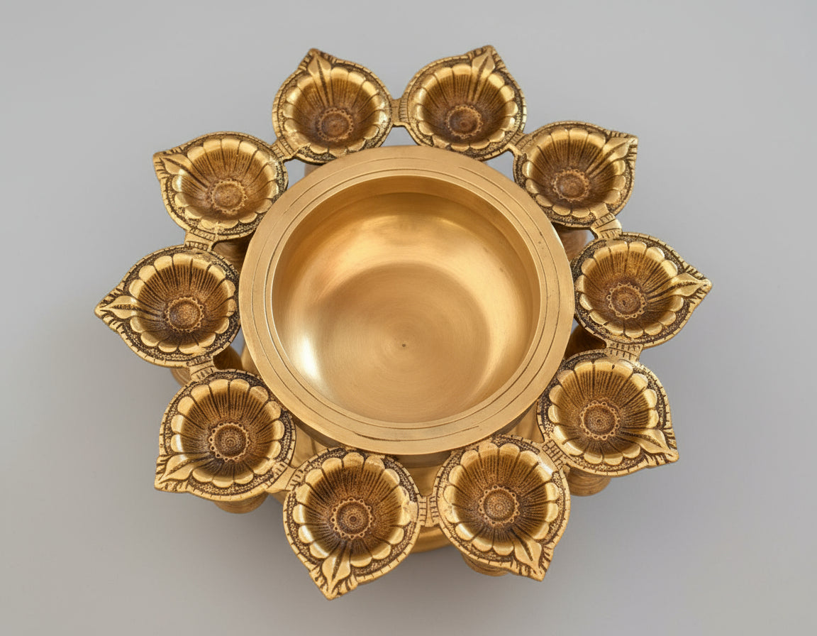 Brass urli with Diya Lamps for Home décor / Gift Item / Temple / Pooja/ Festival