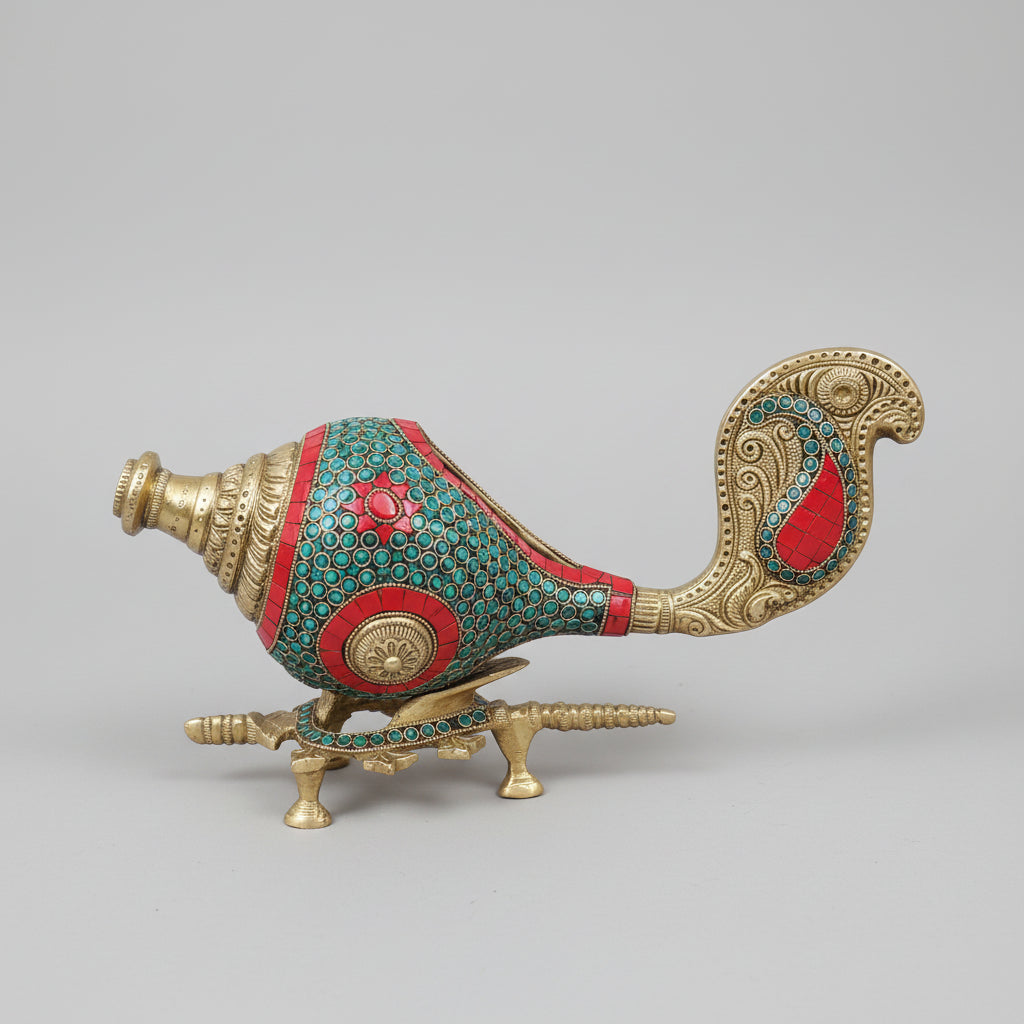 Brass with Multicolor Stone Work with Stand shankh Home décor/showpiece for Gift Item/Temple