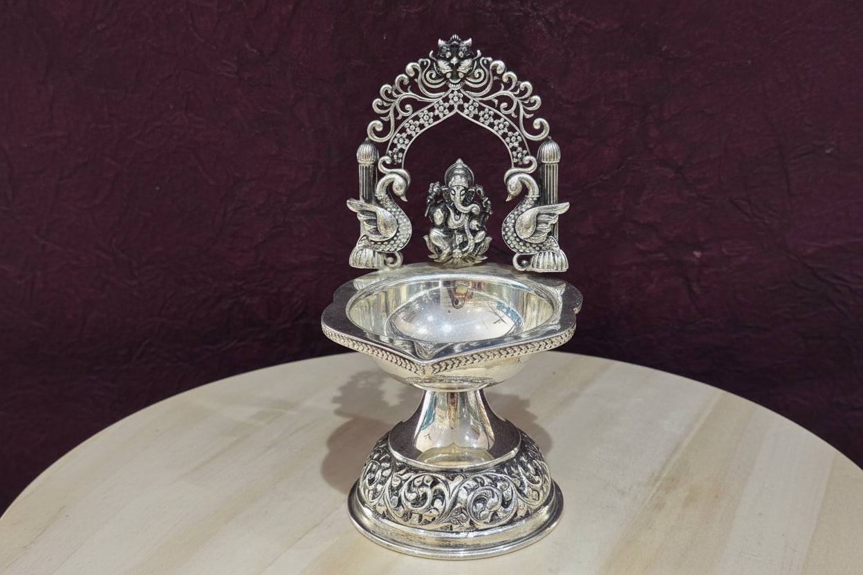 german silver antique finish ganesha diya , 7.5"