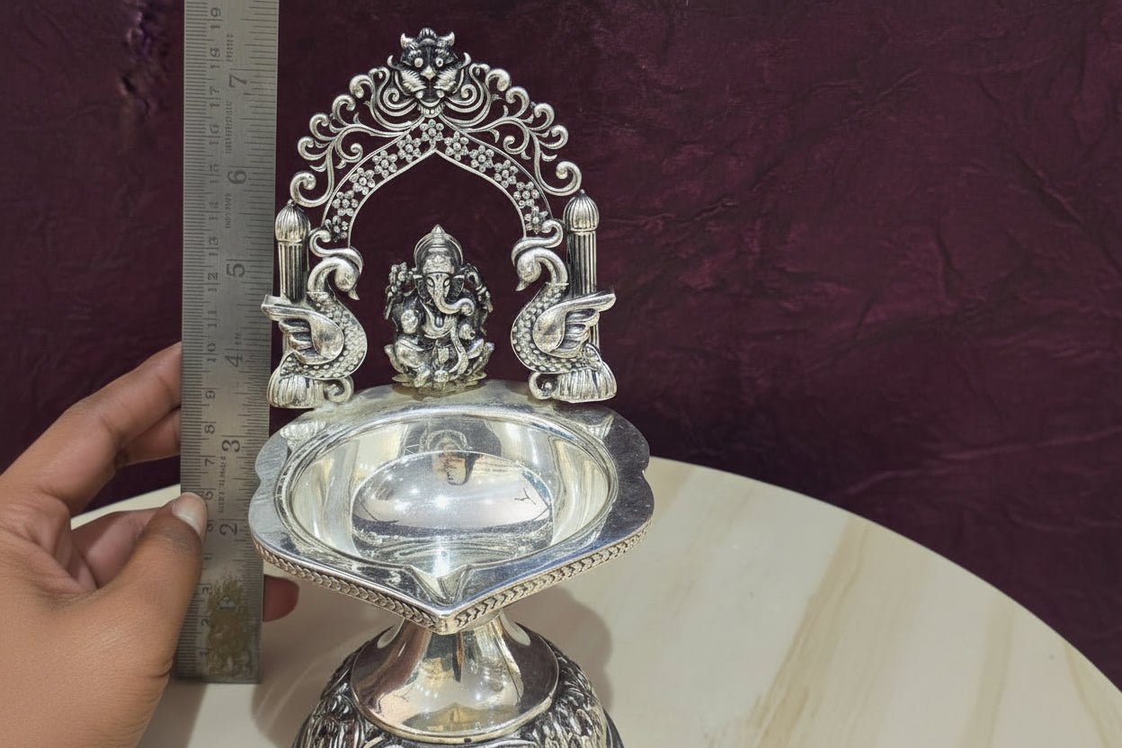 german silver antique finish ganesha diya , 7.5"
