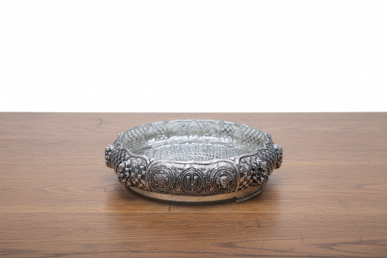 German Silver Antique Finish Sanku Chakra Naamaa Urli Bowl – 10" Traditional Decor & Puja Vessel