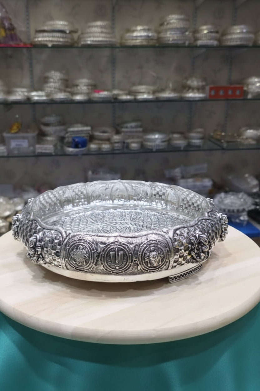 German Silver Antique Finish Sanku Chakra Naamaa Urli Bowl – 10" Traditional Decor & Puja Vessel