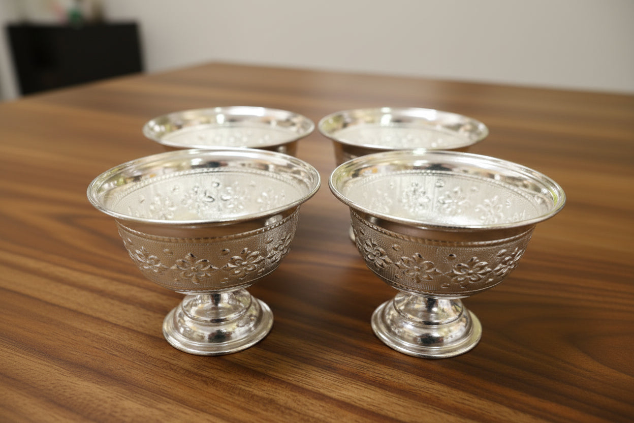 German Silver Set of 4 Bowls for snacks , dessert – Elegant Puja & Gifting Essentials
