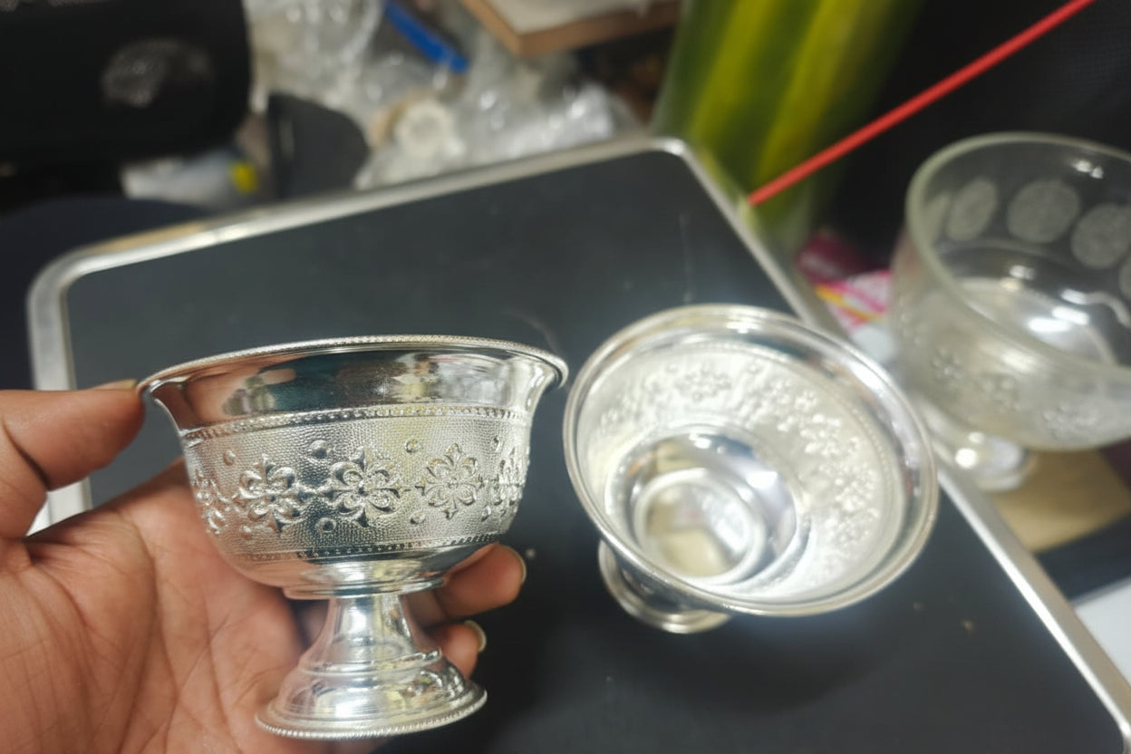 German Silver Set of 4 Bowls for snacks , dessert – Elegant Puja & Gifting Essentials