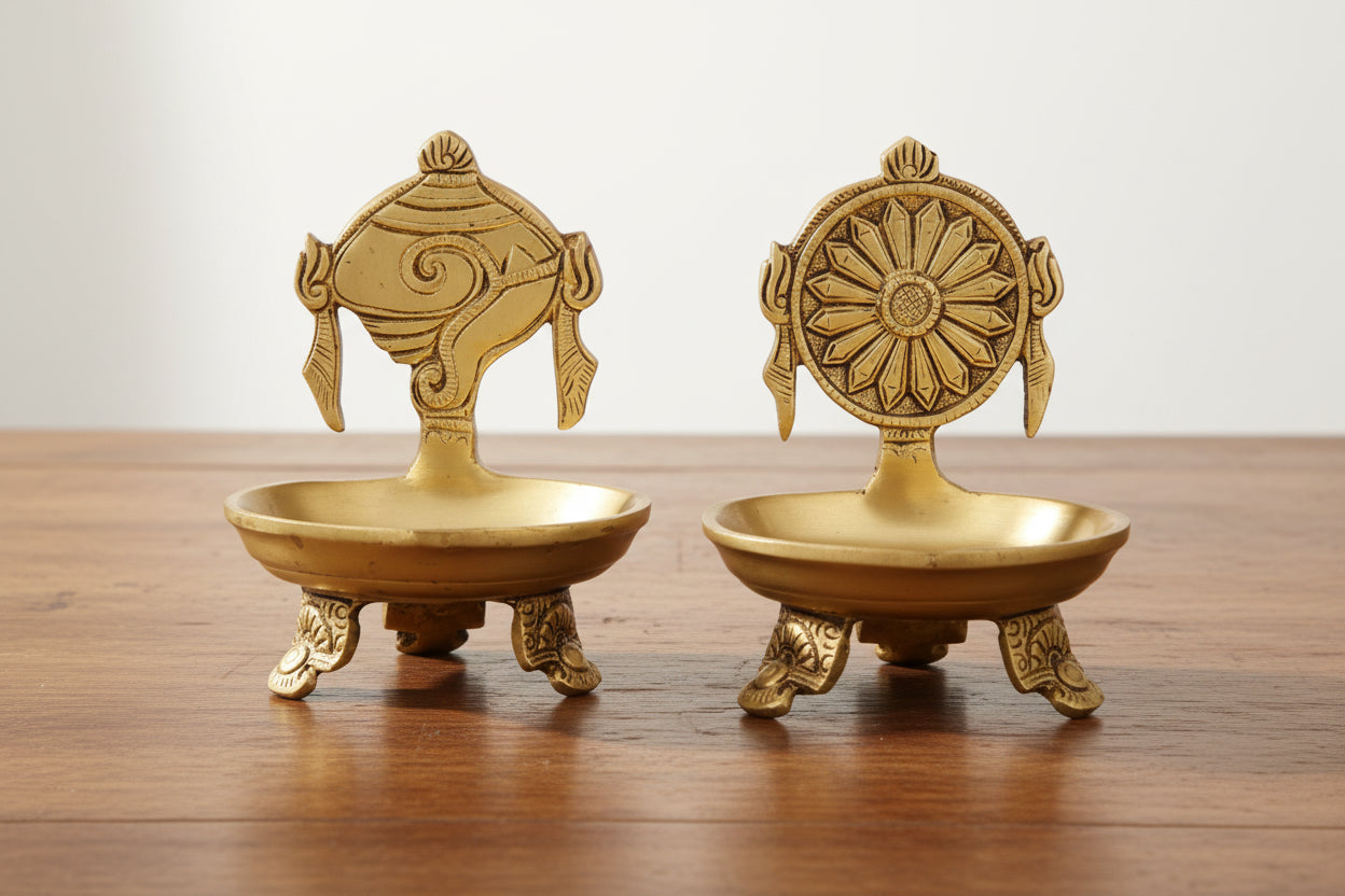 Shankh Chakra Brass Diya Pair – 5" Traditional Lamps for Puja & Decoration