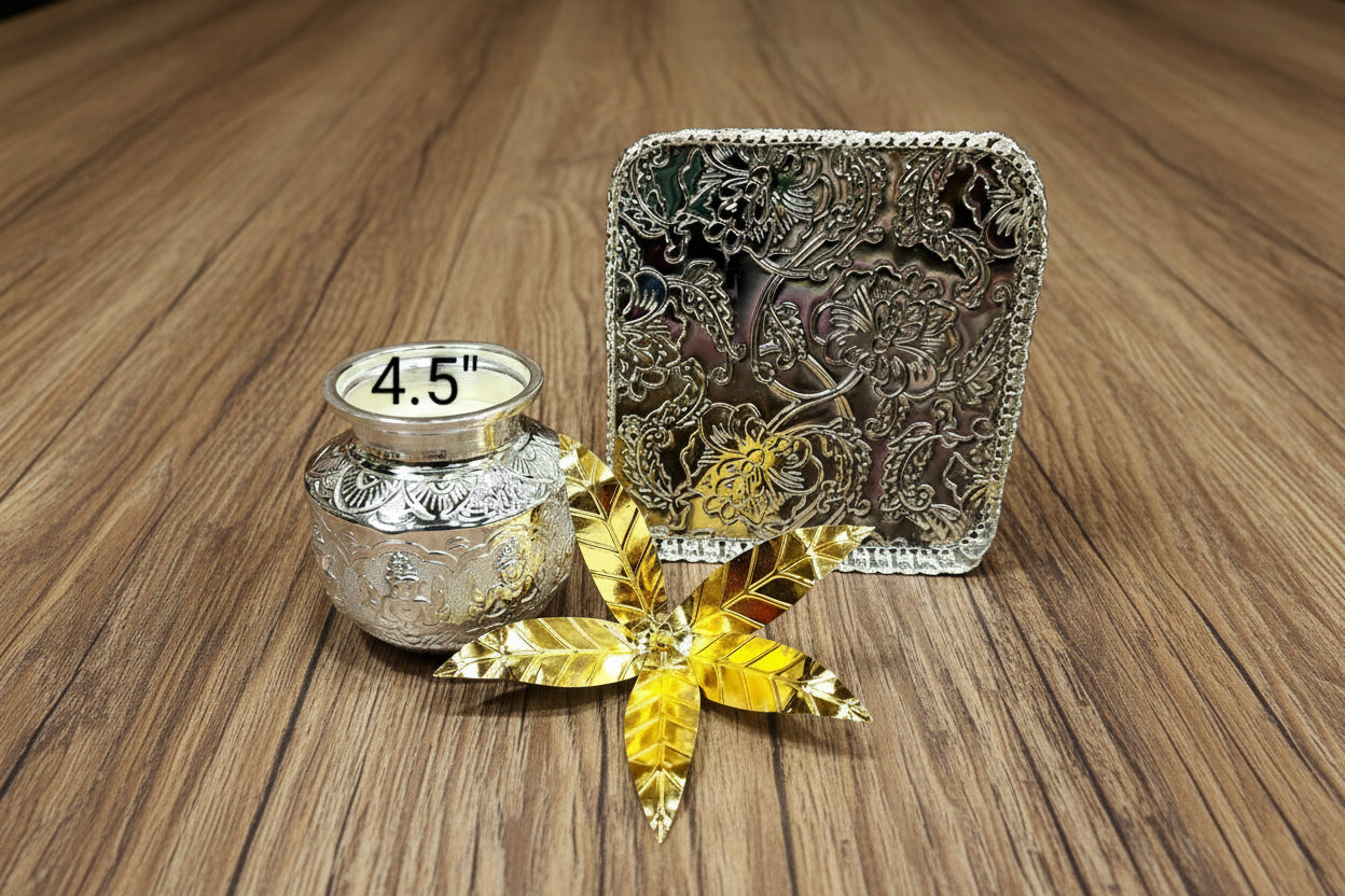 german silver square tray with ashtha lakshmi kalash and golden leaves for housewarming pooja