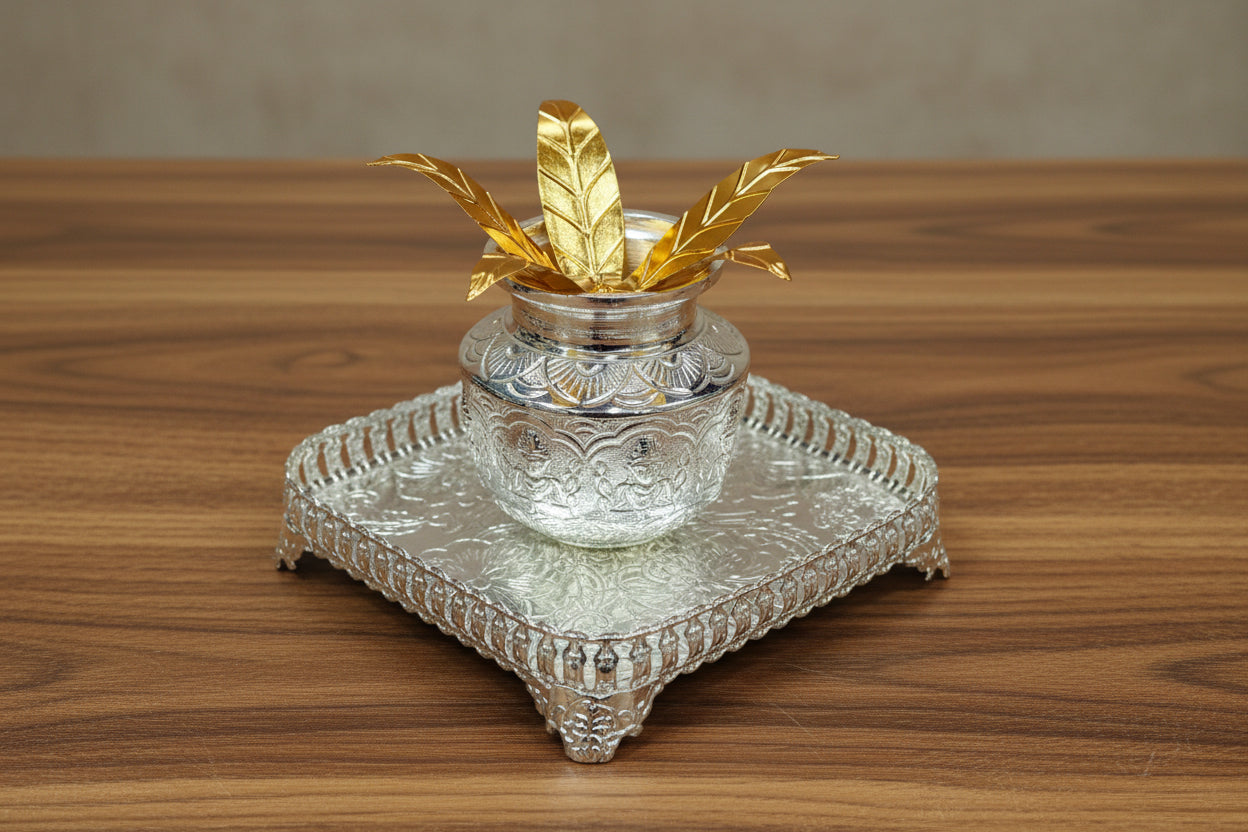 german silver square tray with ashtha lakshmi kalash and golden leaves for housewarming pooja