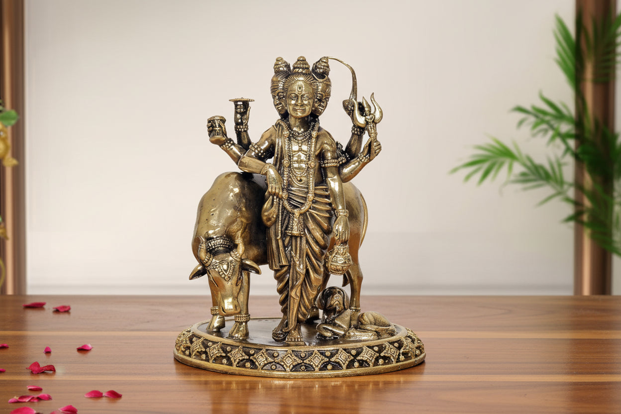 Bronze Dattatreya Idol 6" – Sacred Hindu Deity Statue for Pooja, Meditation & Home Décor,