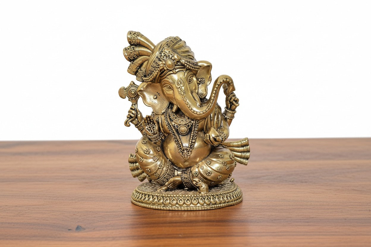 Brass Ganesh Pagri Idol – Auspicious Hindu Statue for Pooja & Home Décor, Symbol of Wisdom