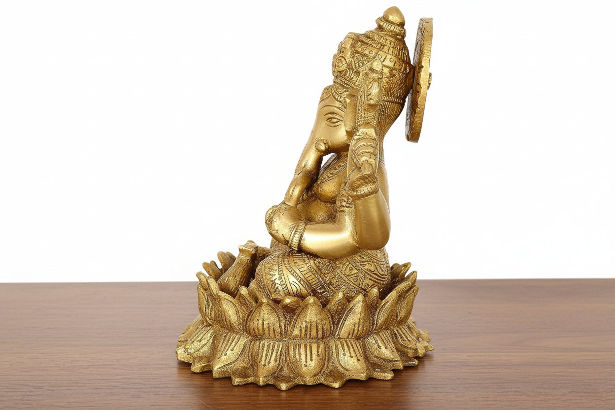 Brass Ganesh on Lotus Flower – Auspicious Hindu Idol for Pooja & Home Décor