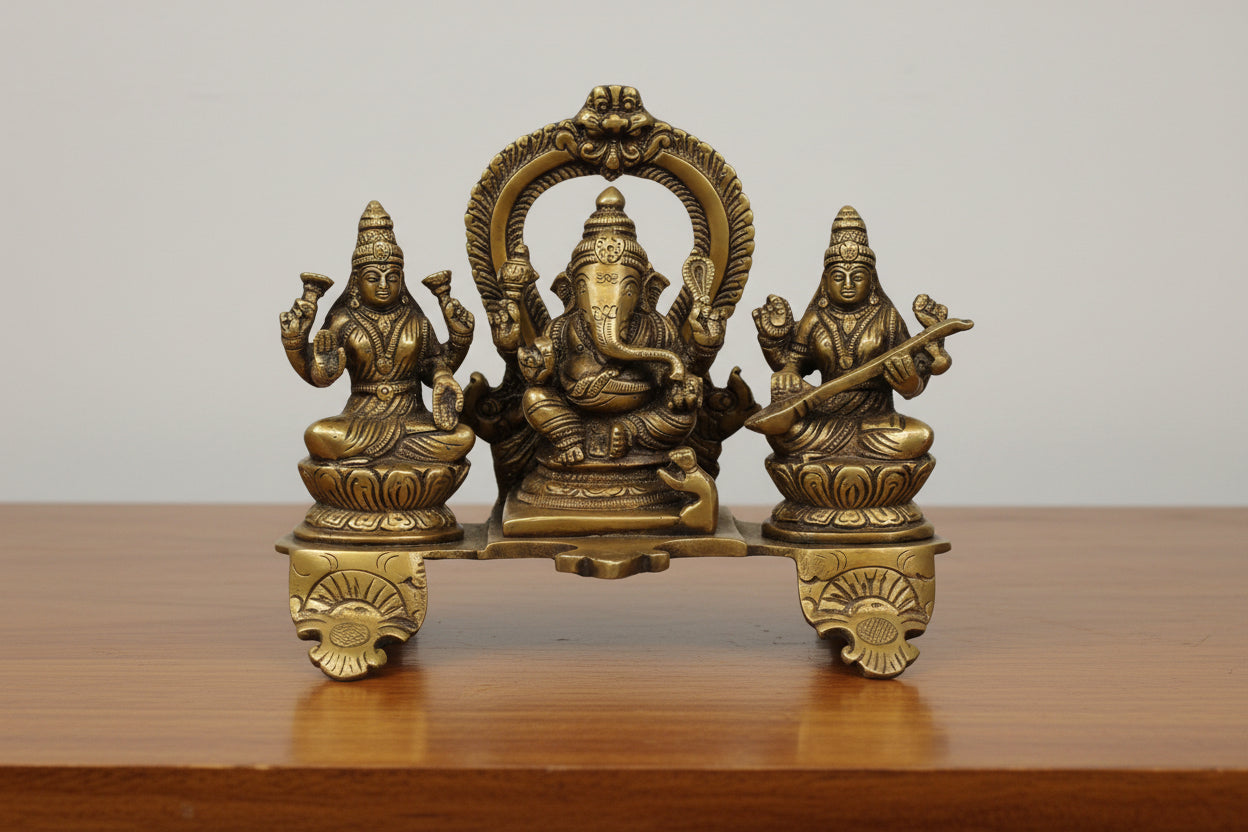 Brass Ganesh with Lakshmi & Saraswati Idol – Auspicious Hindu Statue for Pooja & Home Décor,