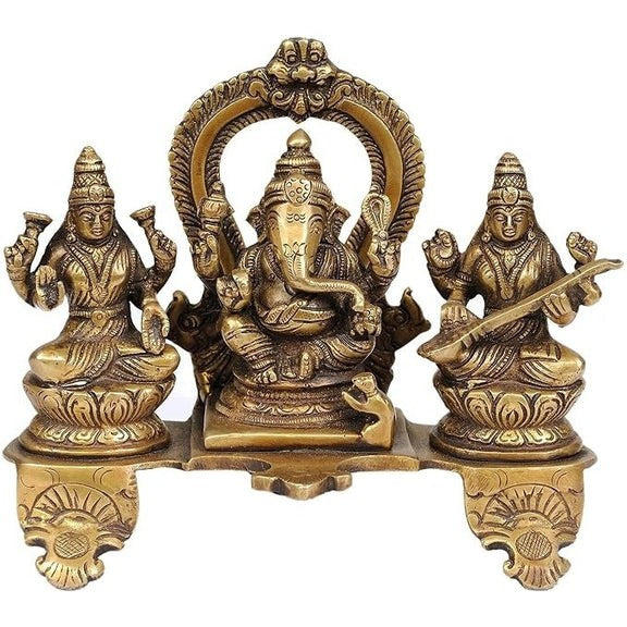 Brass Ganesh with Lakshmi & Saraswati Idol – Auspicious Hindu Statue for Pooja & Home Décor,