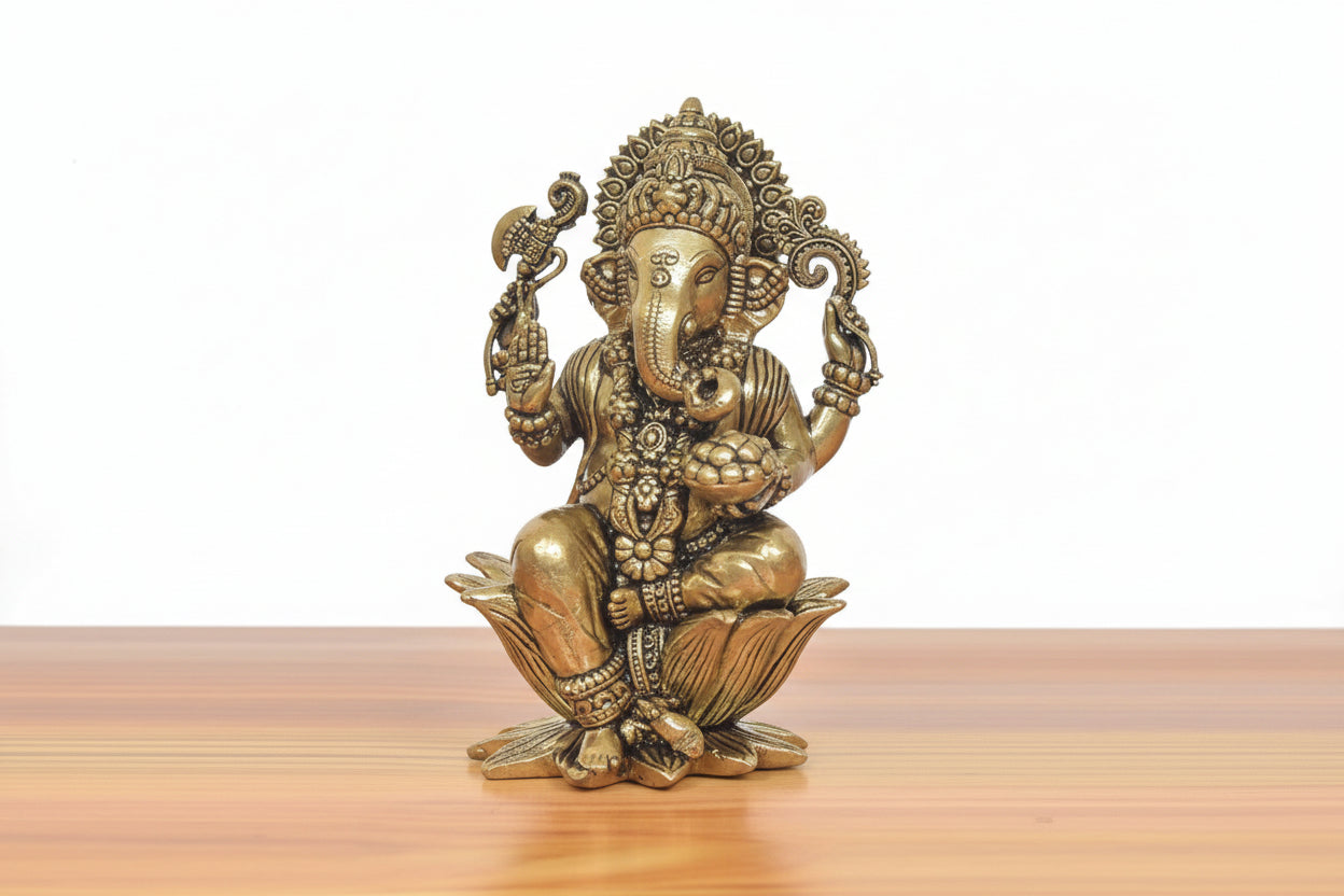Brass Ganesh on Lotus Flower – Auspicious Hindu Idol for Pooja & Home Décor, 4"