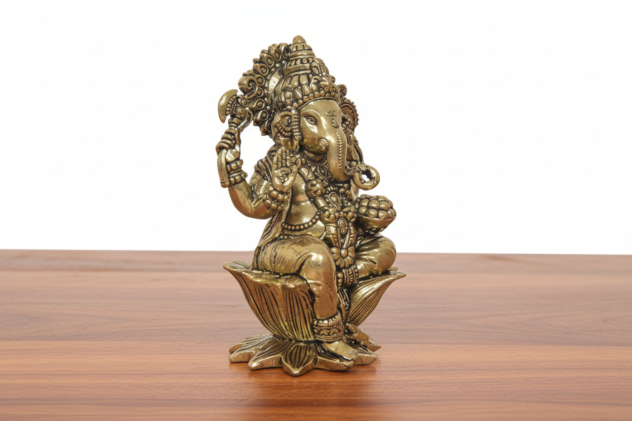 Brass Ganesh on Lotus Flower – Auspicious Hindu Idol for Pooja & Home Décor, 4"