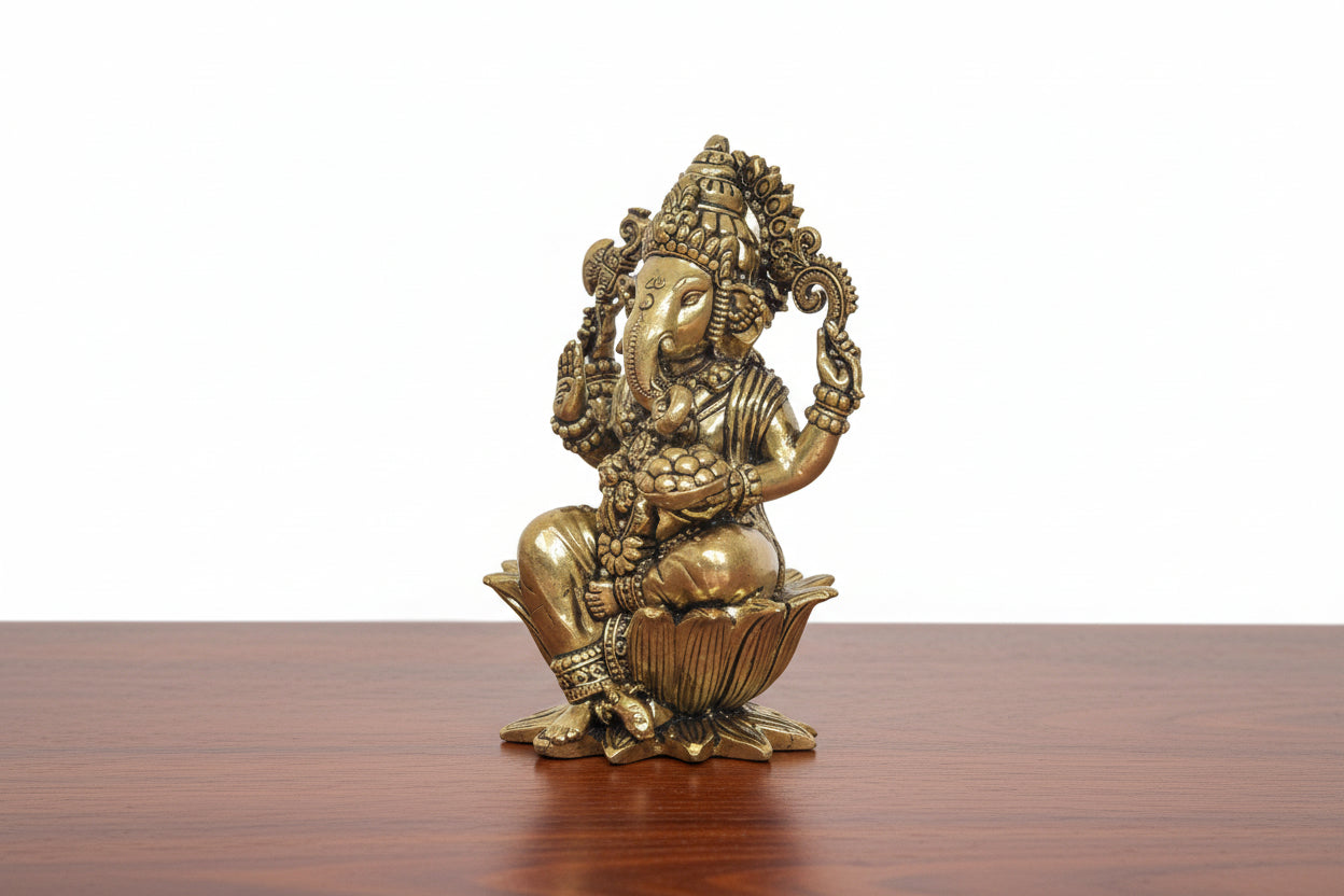 Brass Ganesh on Lotus Flower – Auspicious Hindu Idol for Pooja & Home Décor, 4"