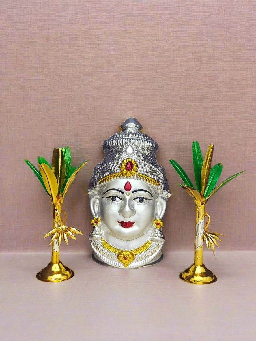 german silver lakshmi face with kalash and banana tree pair for varalakshmi pooja, silver