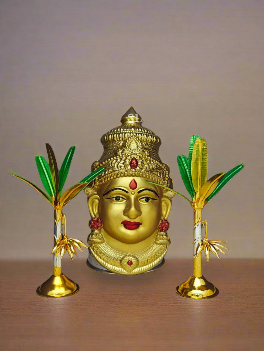german silver lakshmi face with kalash and banana tree pair for varalakshmi pooja, golden