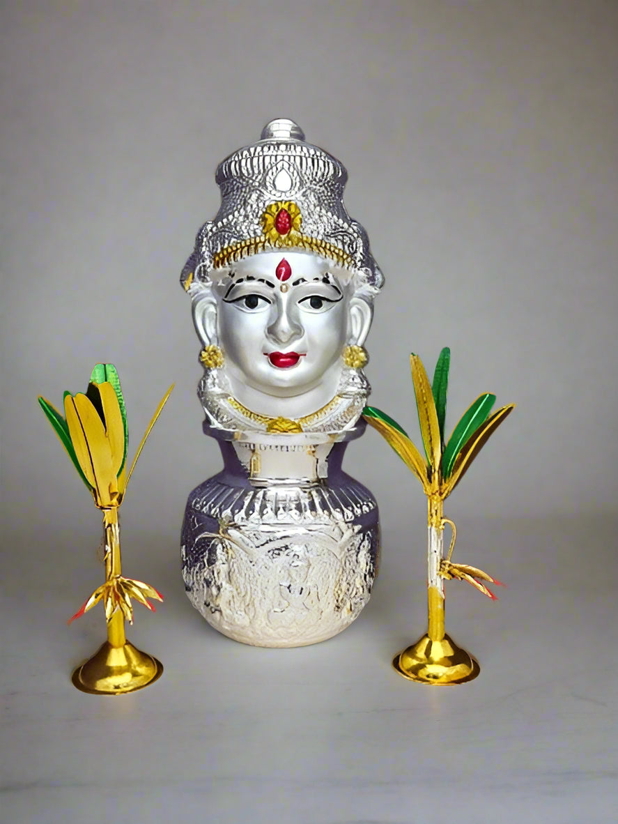 german silver lakshmi face with kalash and banana tree pair for varalakshmi pooja, silver