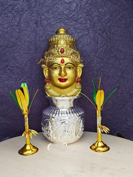 german silver lakshmi face with kalash and banana tree pair for varalakshmi pooja, golden