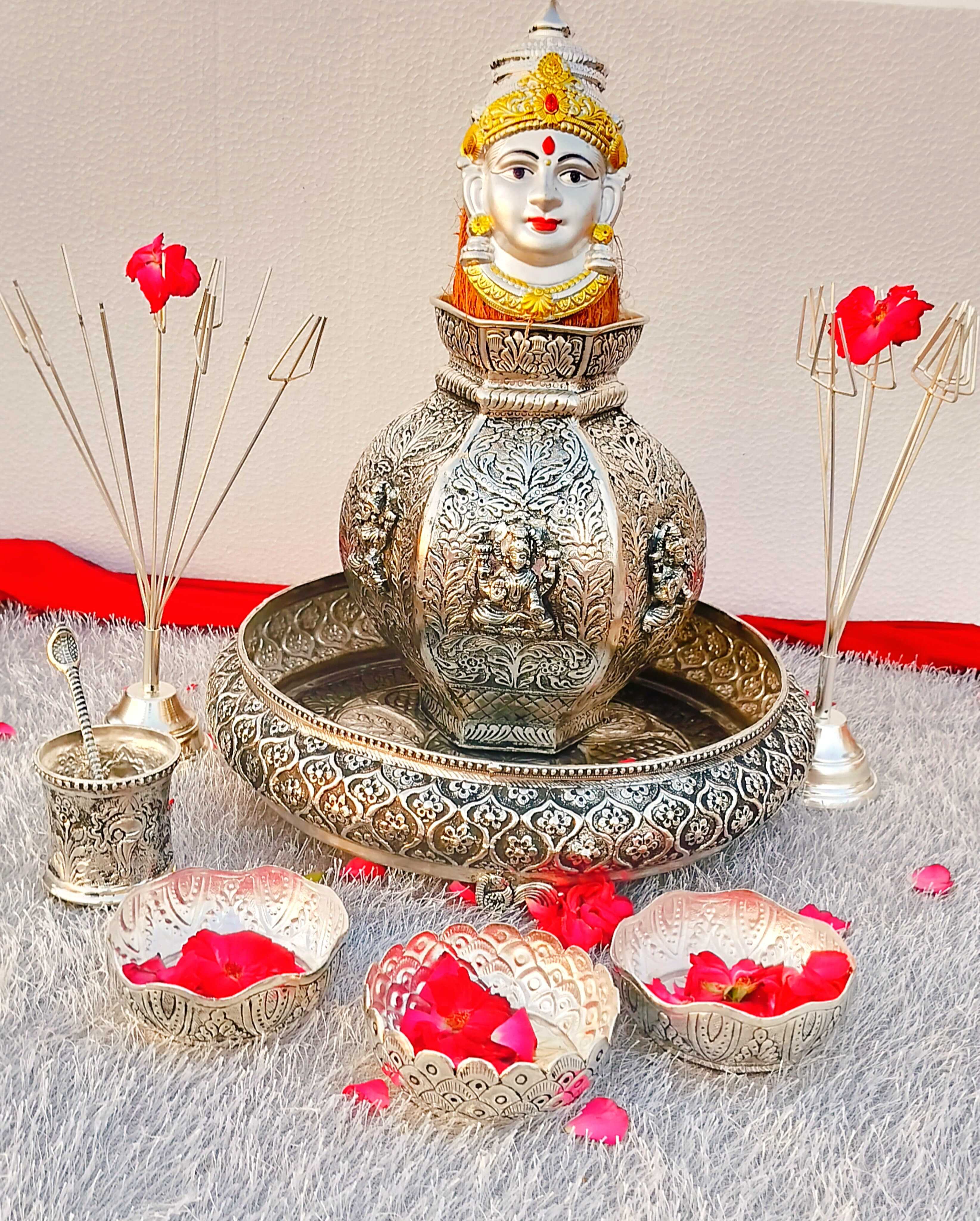 Antique German silver big size Lakshmi kalasha and flower stand