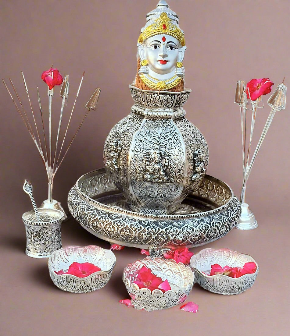 Antique German silver big size Lakshmi kalasha and flower stand