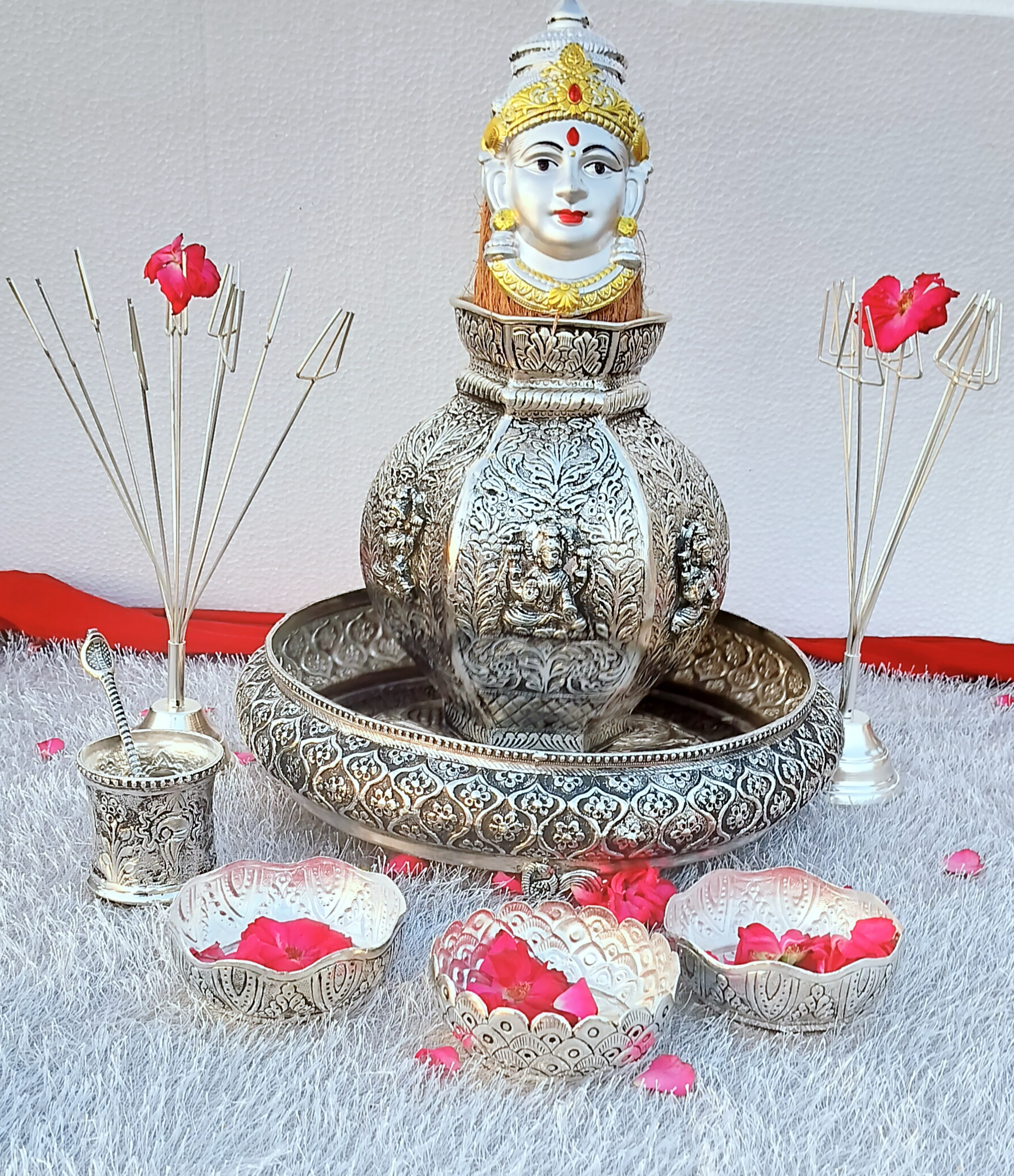 Antique German silver big size Lakshmi kalasha and flower stand