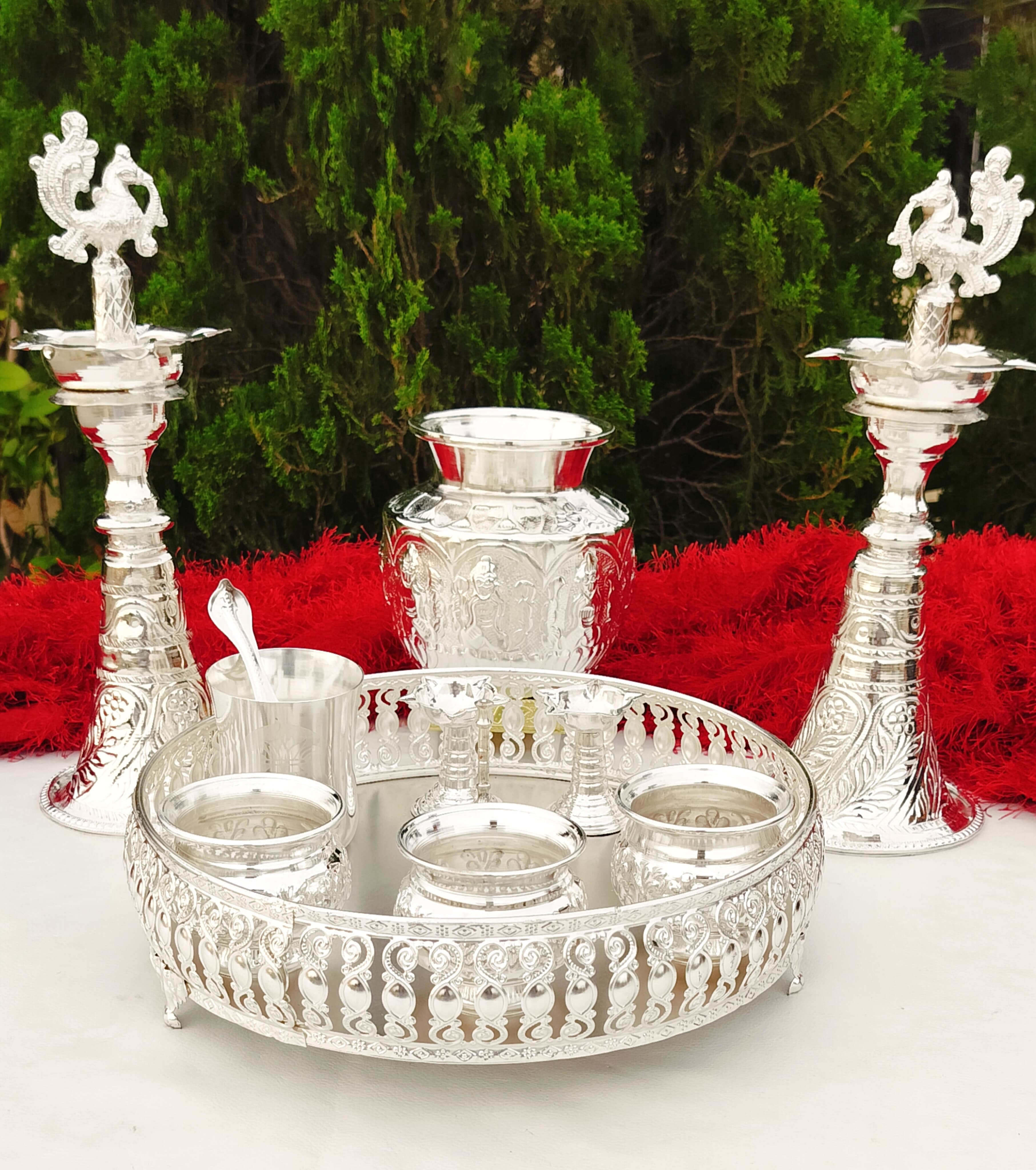 german silver pooja thali set 11 pieces for diwali/ varalakshmi/ housewarming
