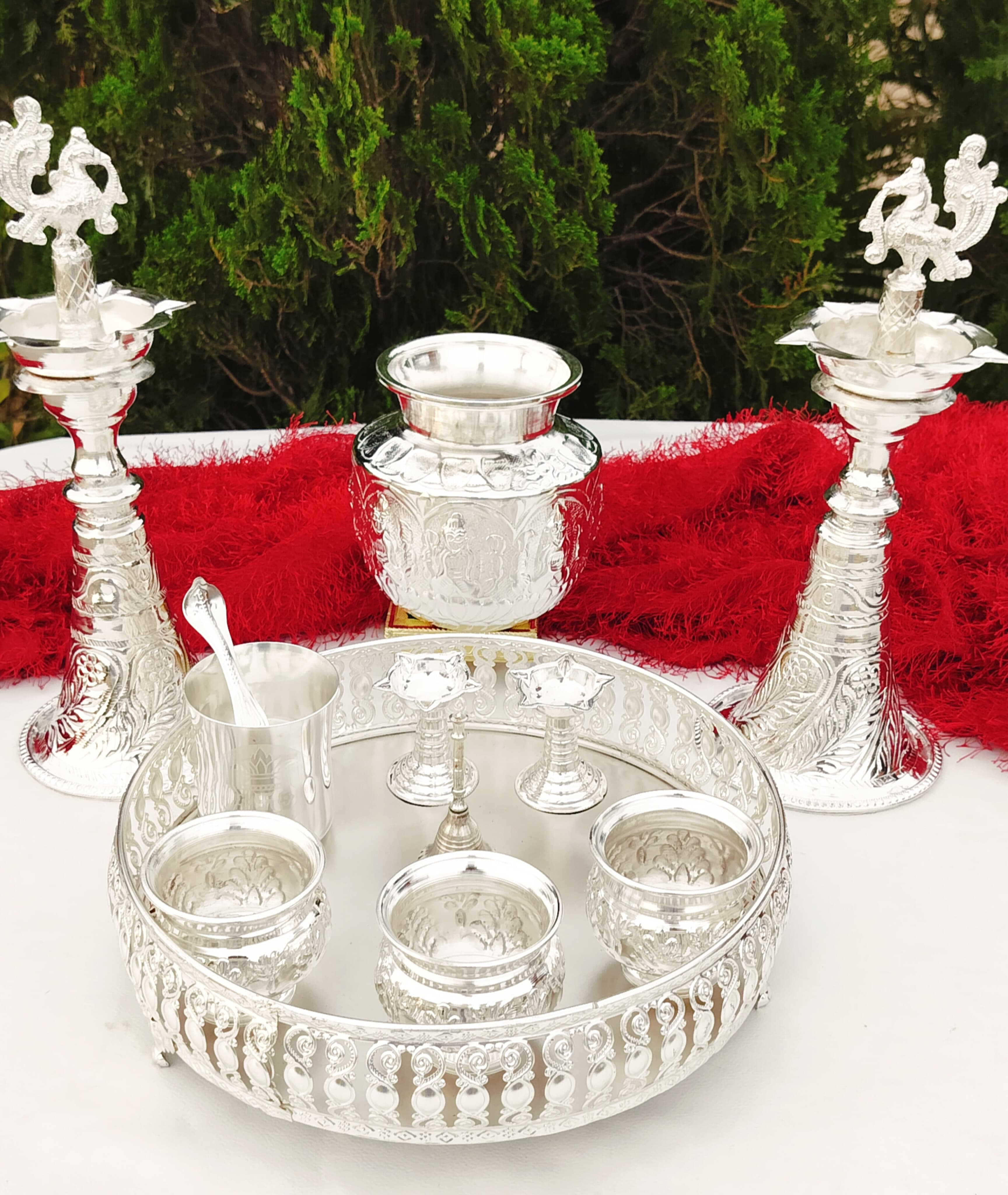 german silver pooja thali set 11 pieces for diwali/ varalakshmi/ housewarming