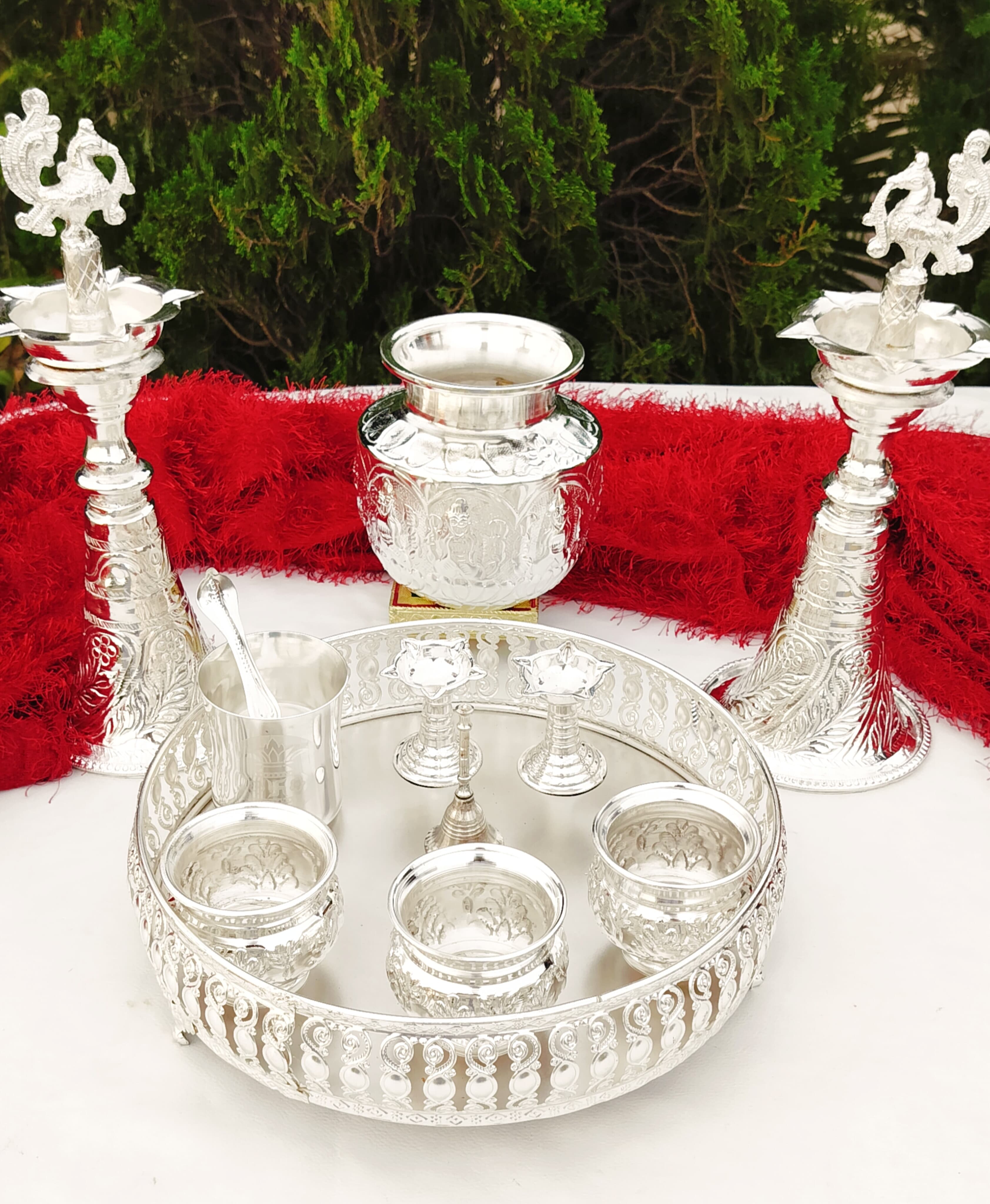 german silver pooja thali set 11 pieces for diwali/ varalakshmi/ housewarming
