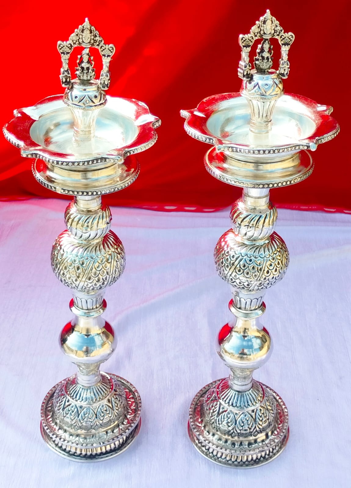 German silver Antique  diya / samai pair with Laxmi Balaji head 21"