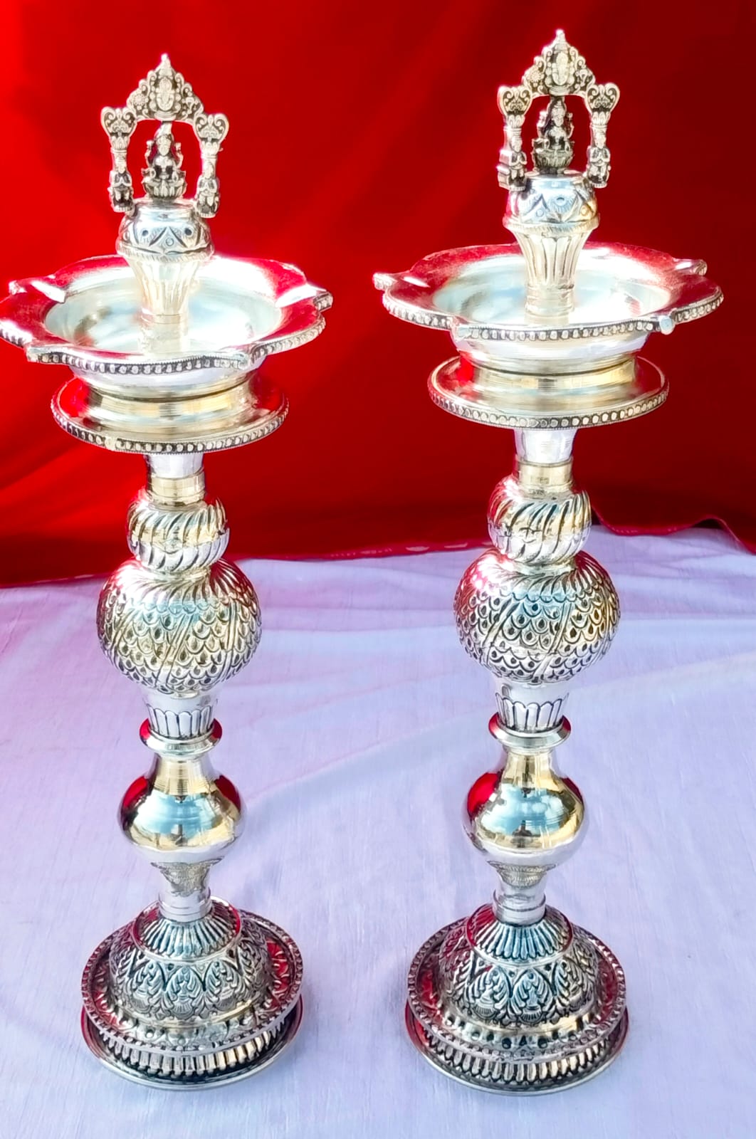German silver Antique  diya / samai pair with Laxmi Balaji head 21"