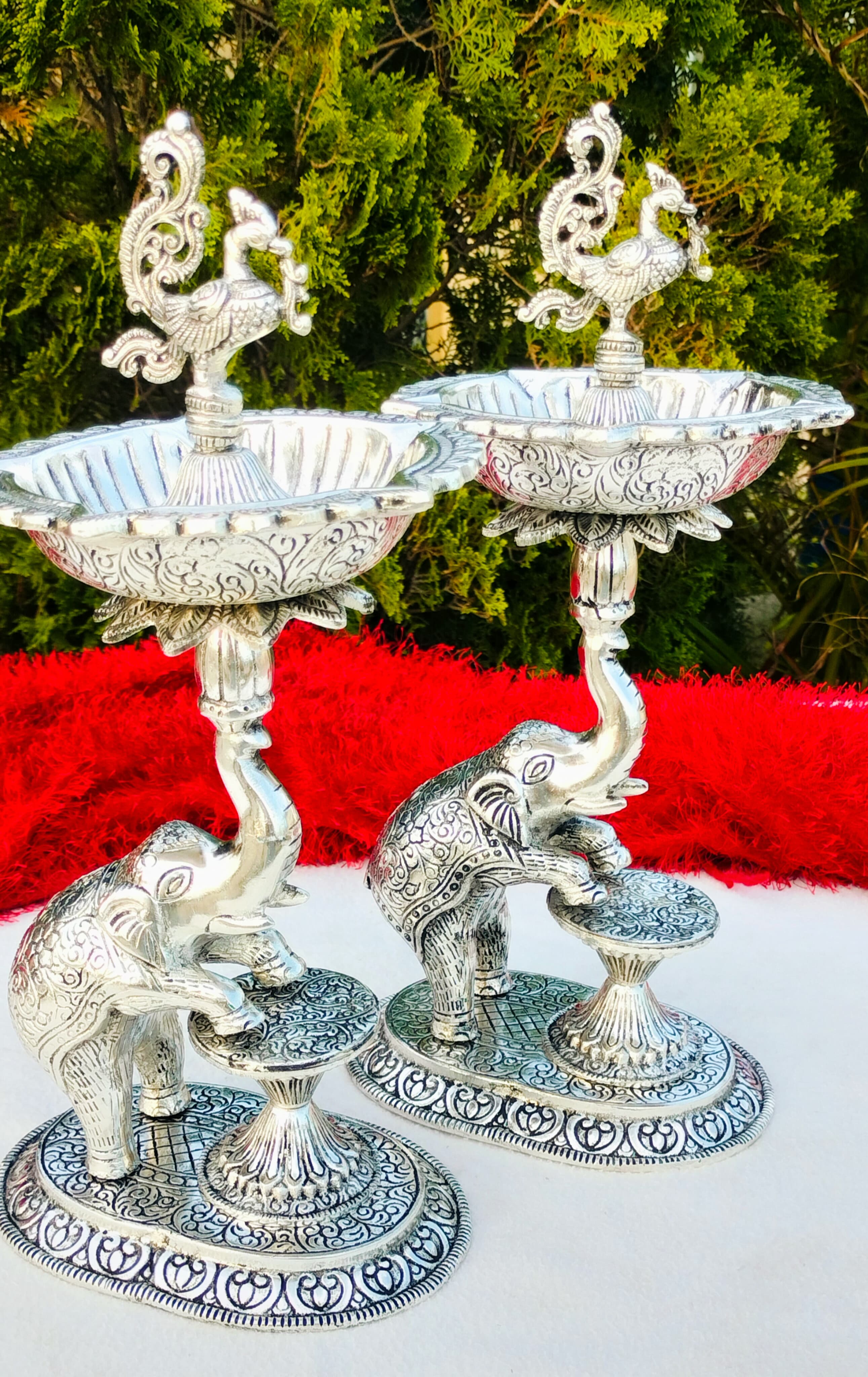 Antique finish German silver big Size 14"-15" inch Elephant diya pair