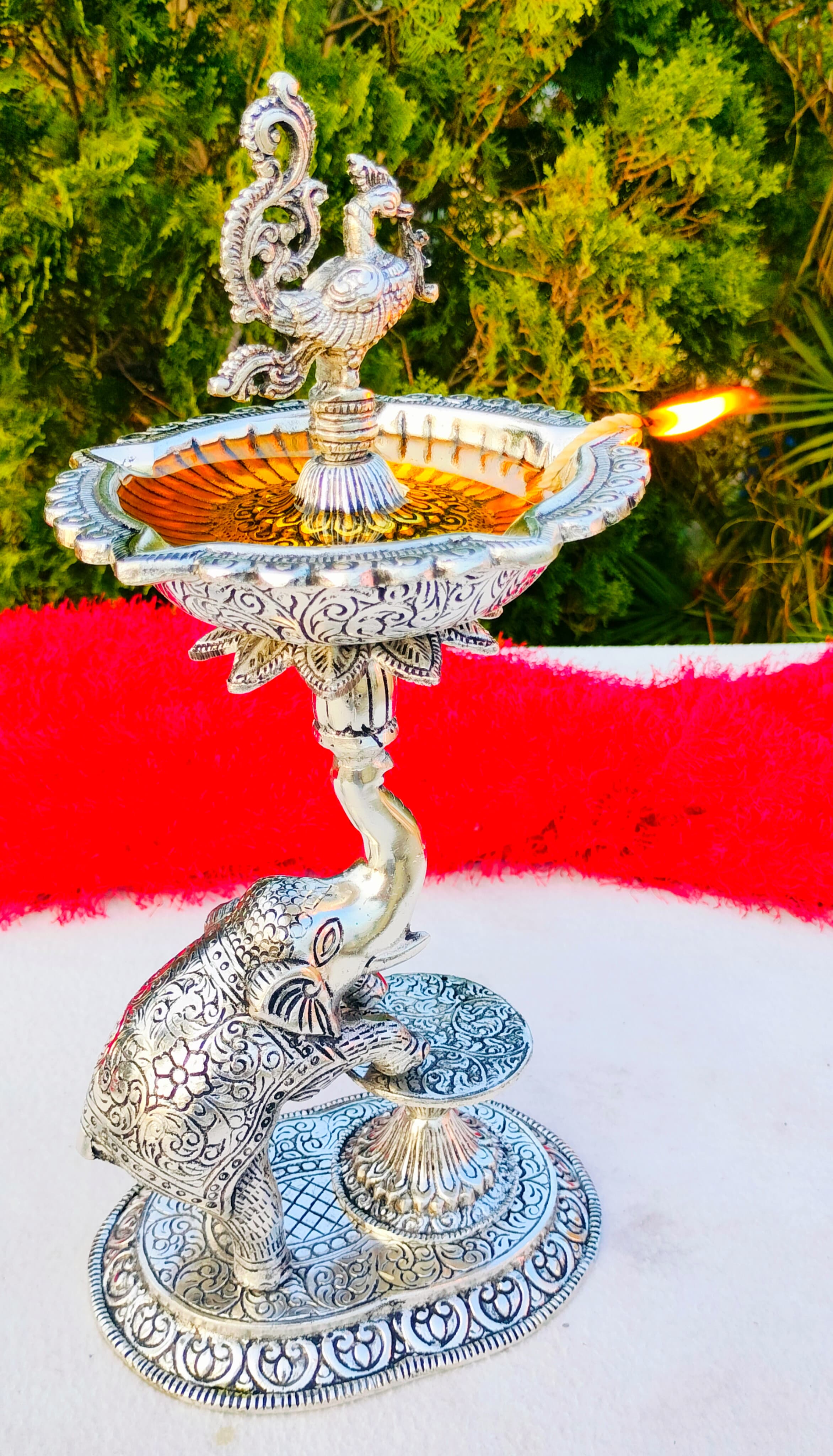 Antique finish German silver big Size 14"-15" inch Elephant diya pair