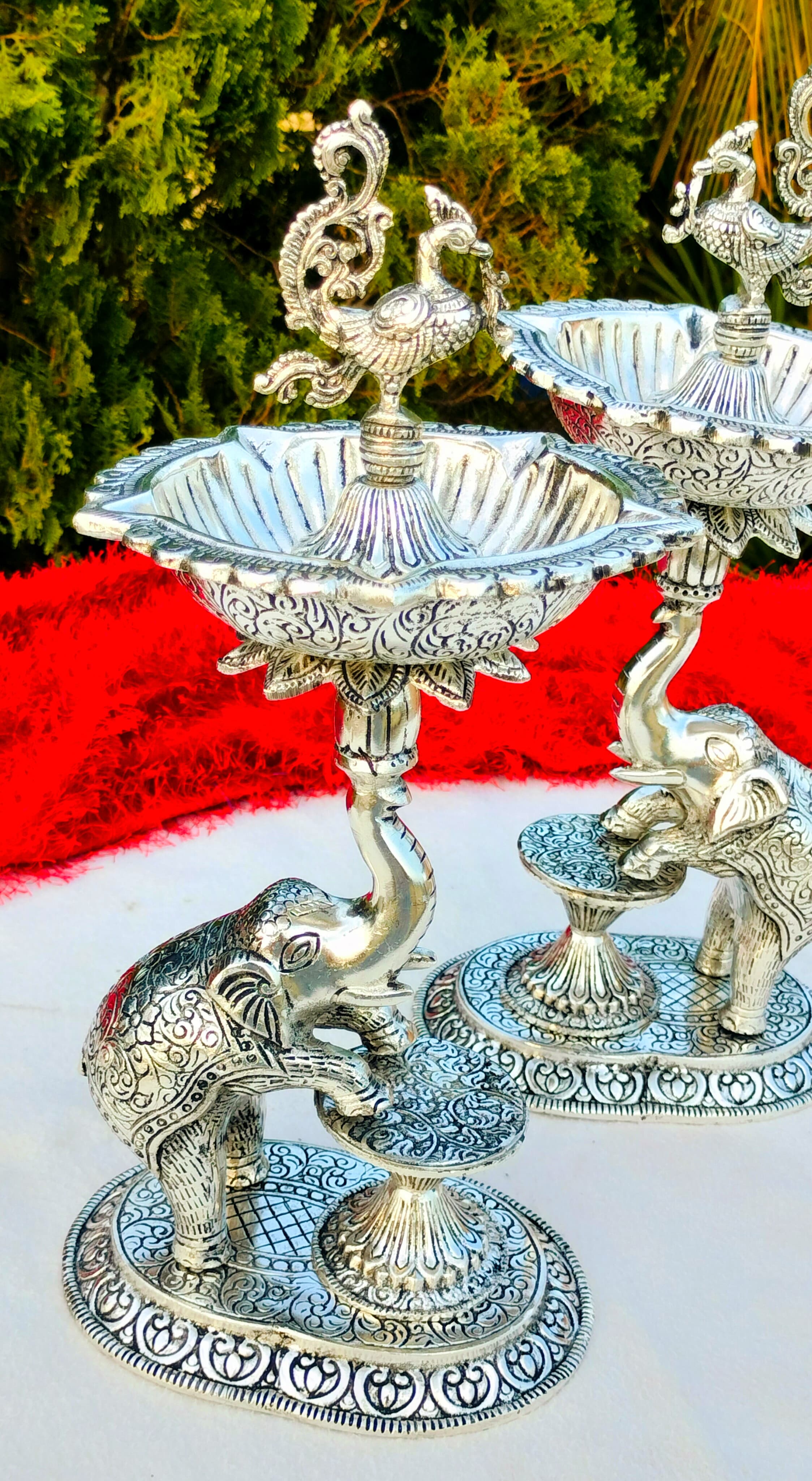 Antique finish German silver big Size 14"-15" inch Elephant diya pair