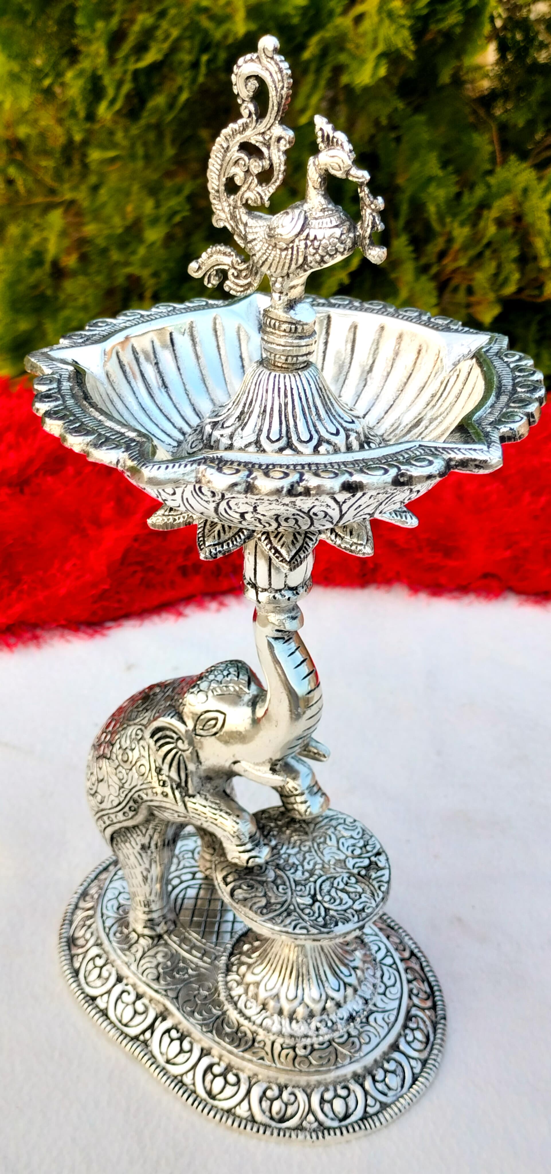 Antique finish German silver big Size 14"-15" inch Elephant diya pair