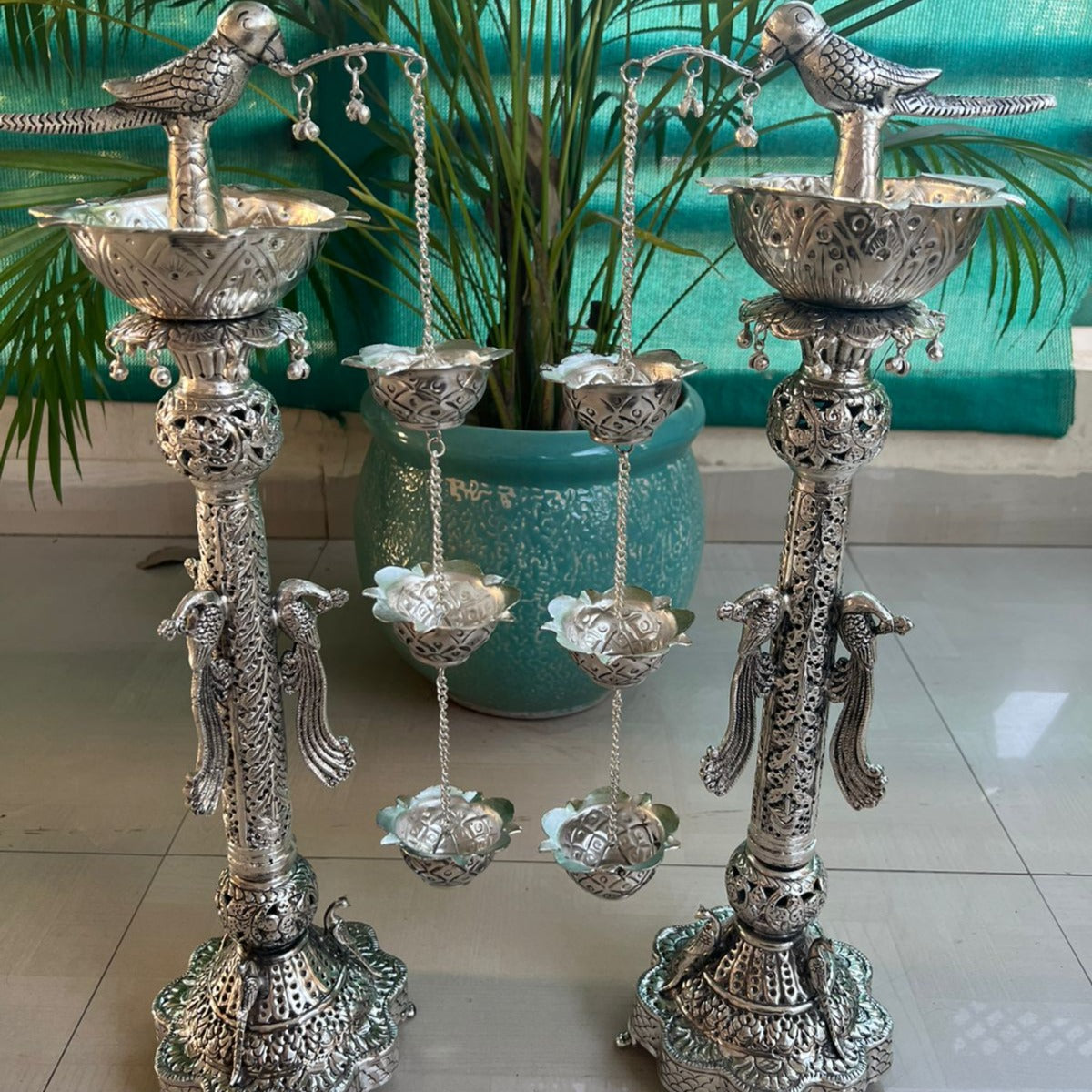 German Silver shiny Parrot Samayees 5 deepaks with hanging deepams