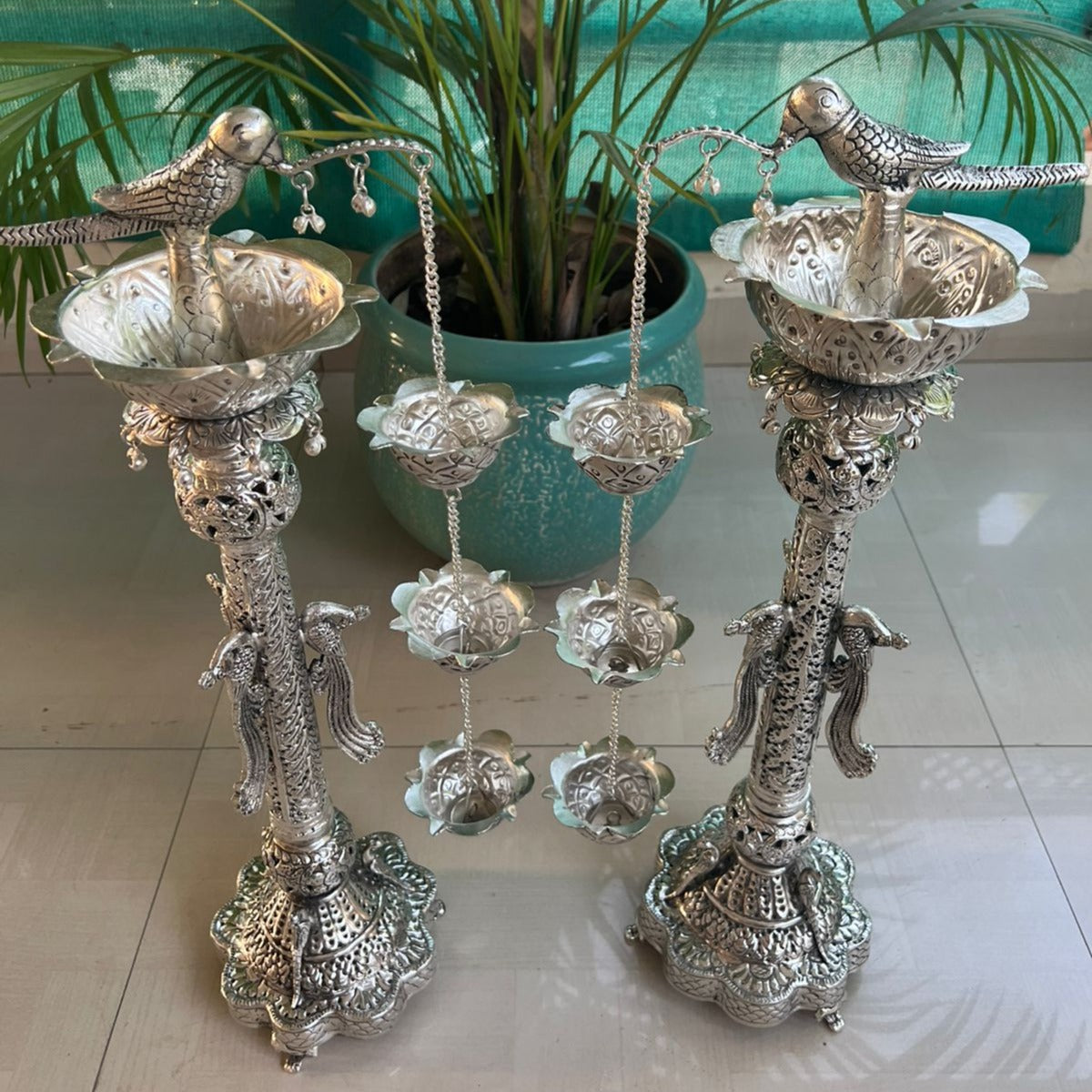 German Silver shiny Parrot Samayees 5 deepaks with hanging deepams