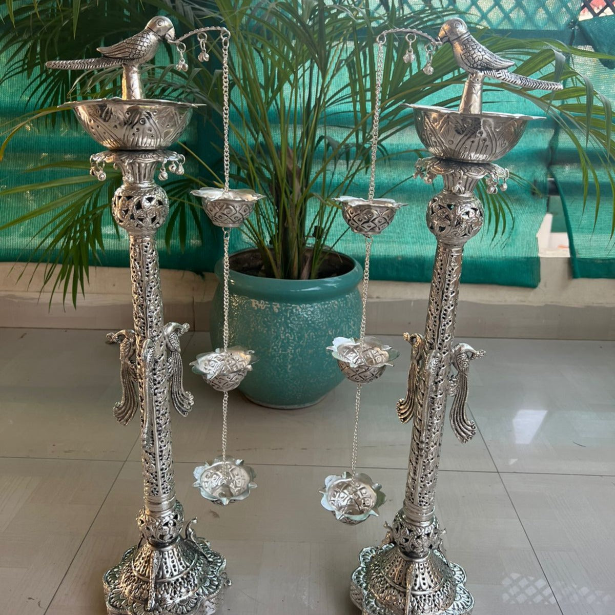 German Silver shiny Parrot Samayees 5 deepaks with hanging deepams
