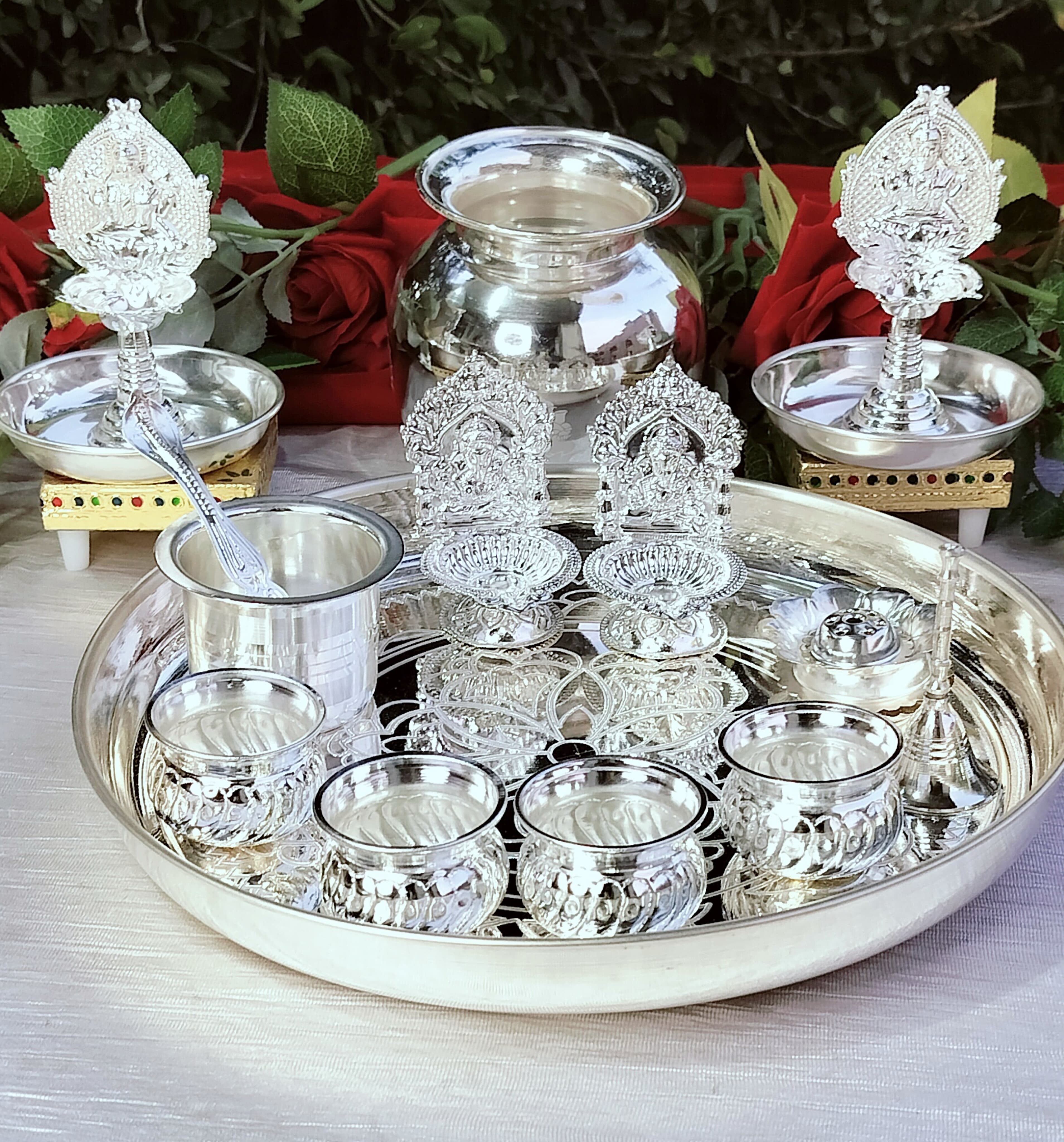 German silver pooja thali set of 17 pieces for varalakshmi pooja/housewarming/diwali