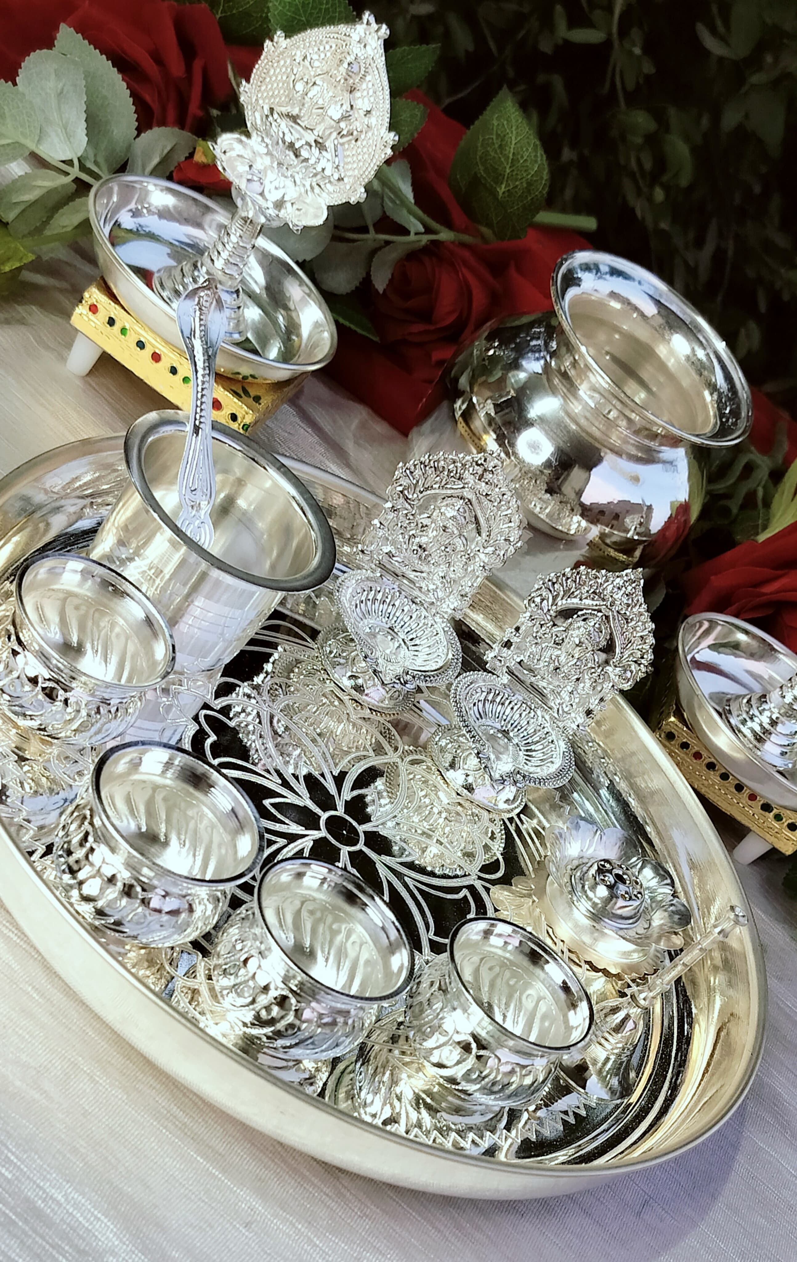 German silver pooja thali set of 17 pieces for varalakshmi pooja/housewarming/diwali