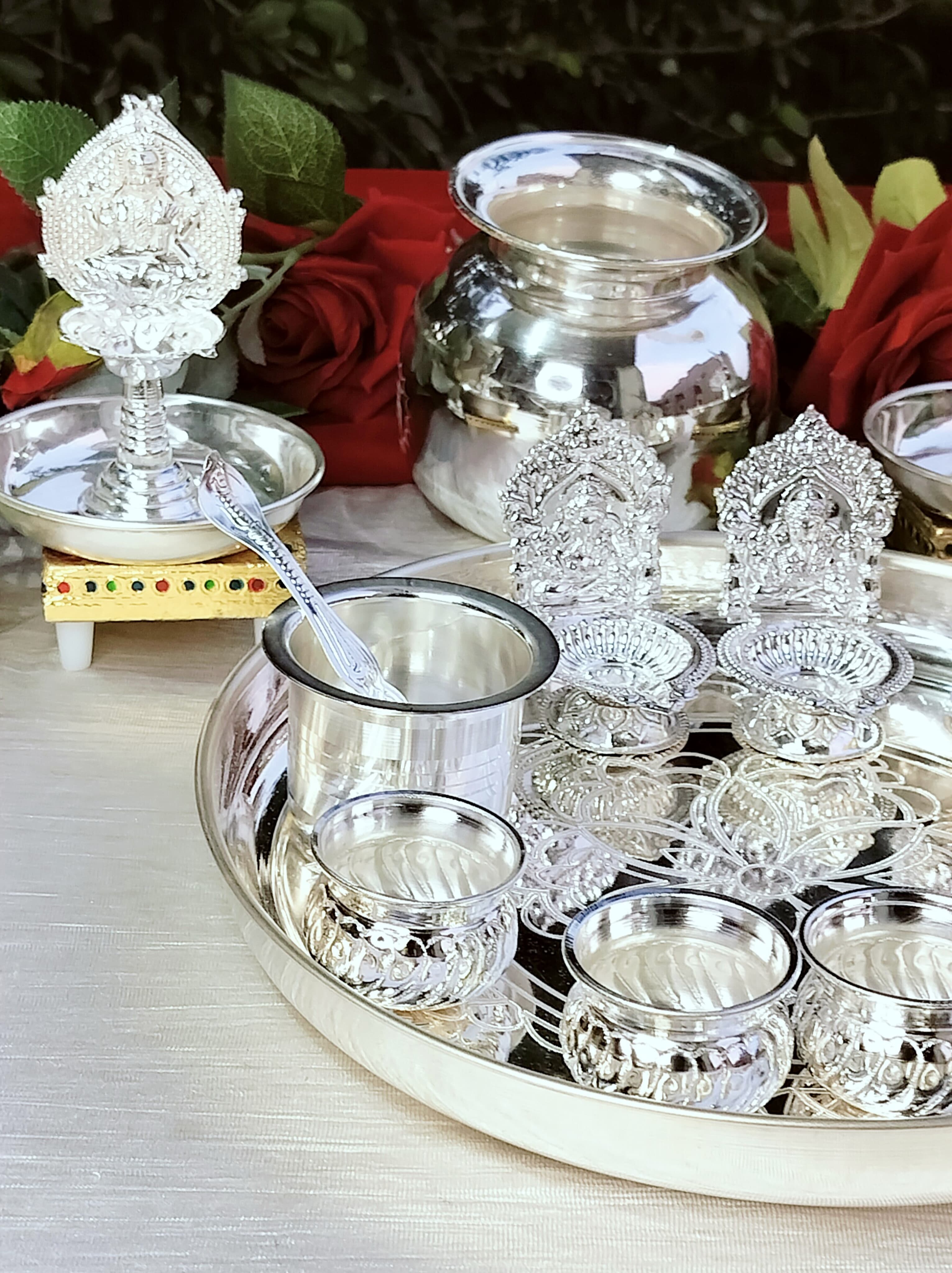 German silver pooja thali set of 17 pieces for varalakshmi pooja/housewarming/diwali