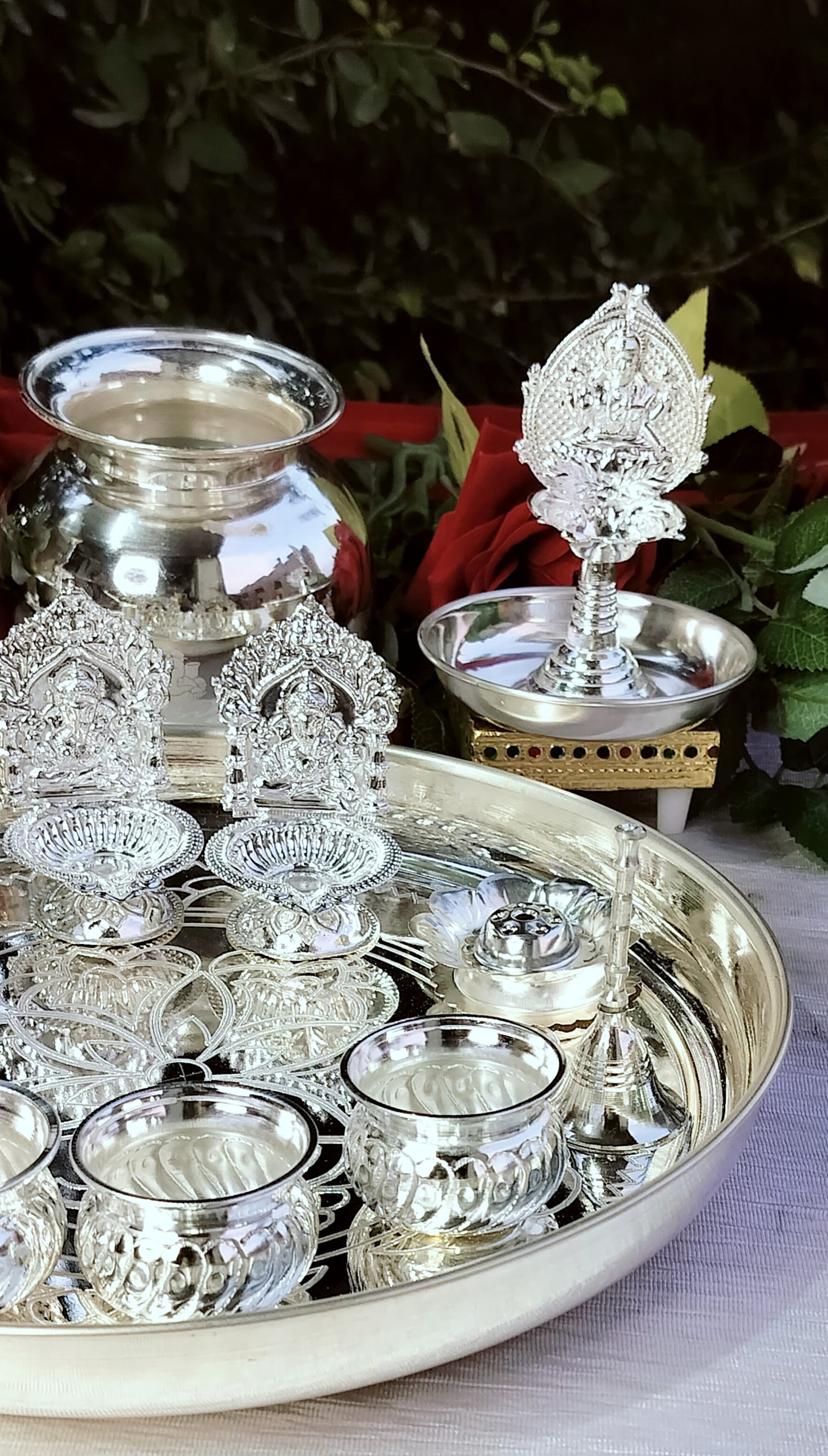 German silver pooja thali set of 17 pieces for varalakshmi pooja/housewarming/diwali
